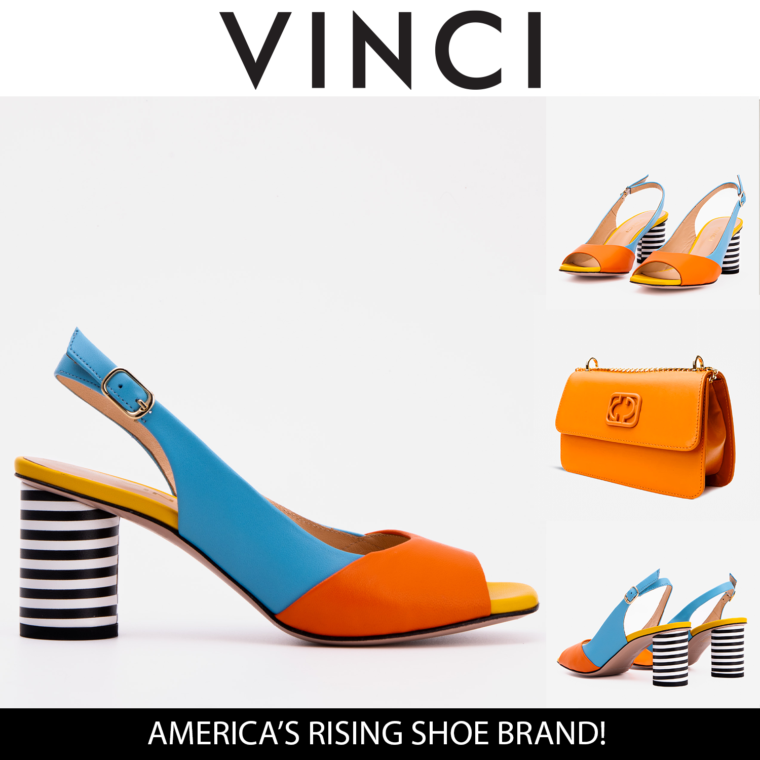 The Spectrum Blue \/ Orange Block Heel Leather Sandal - Vinci Leather