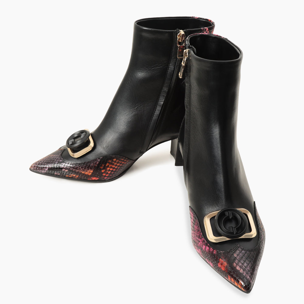 Gray Black Fuchsia Leather Block Heel Boot - Vinci Leather