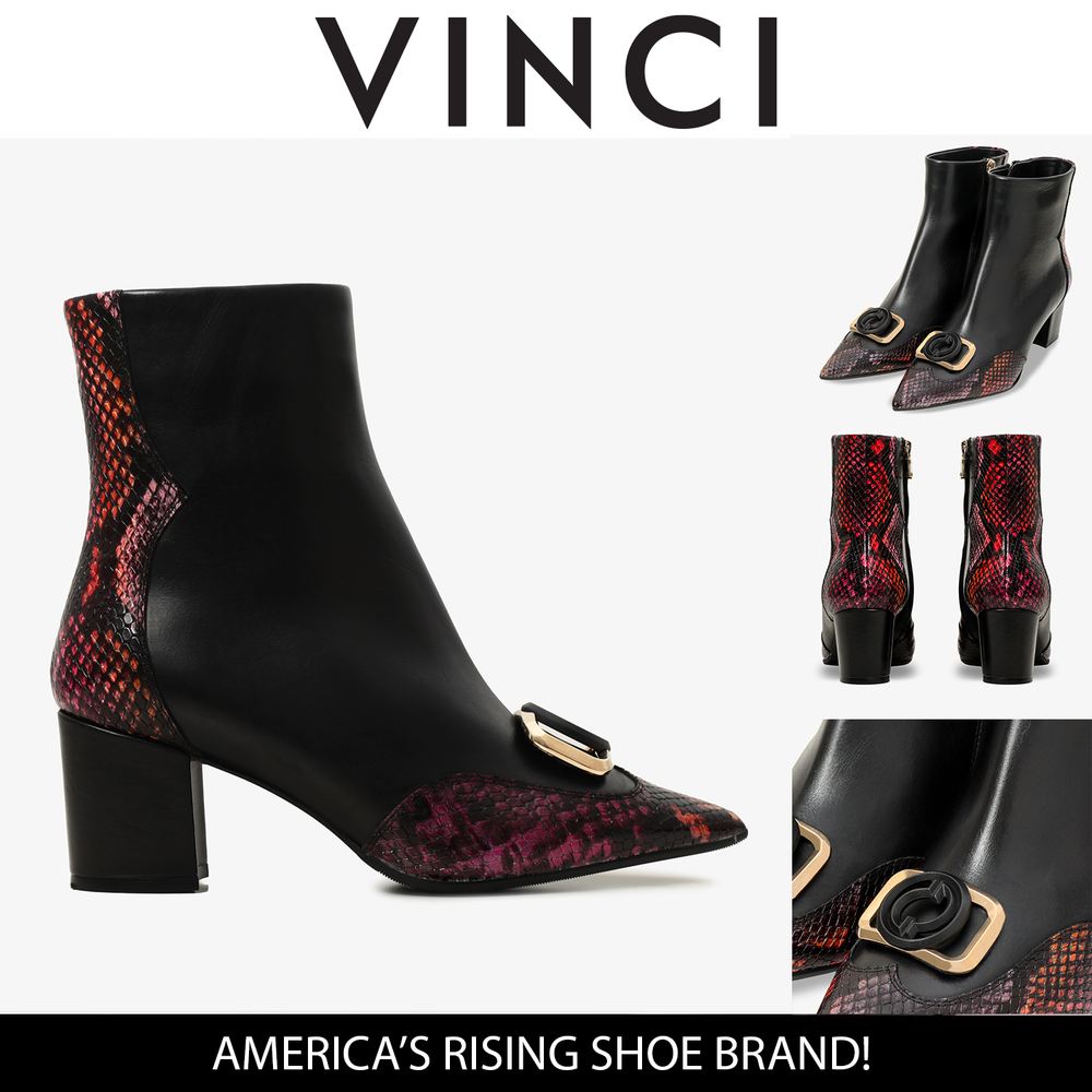 Gray Black Fuchsia Leather Block Heel Boot - Vinci Leather
