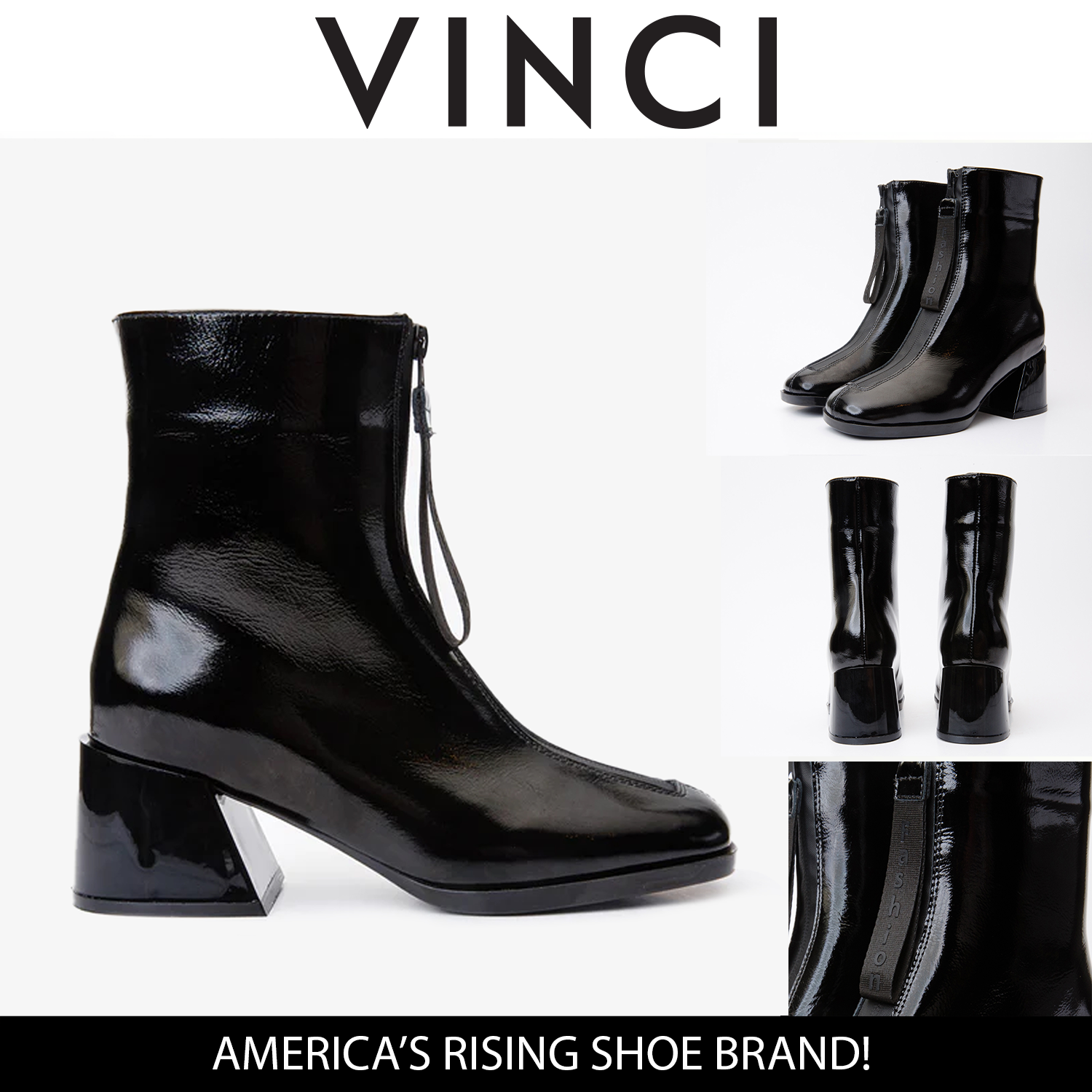 The Tackle Black Patent Leather Block Heel Boot - Vinci Leather