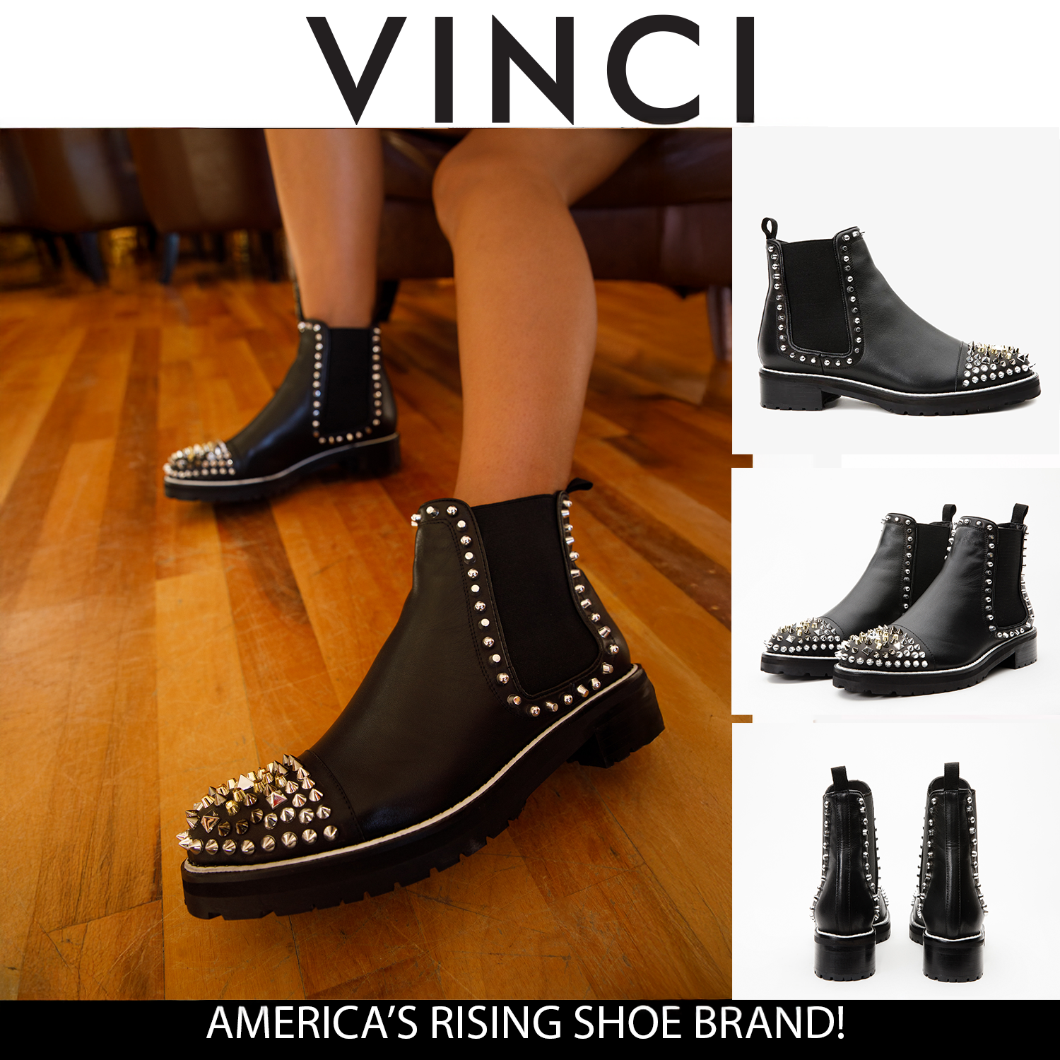 The Vuvulane Black Spike Leather Ankle Boot - Vinci Leather
