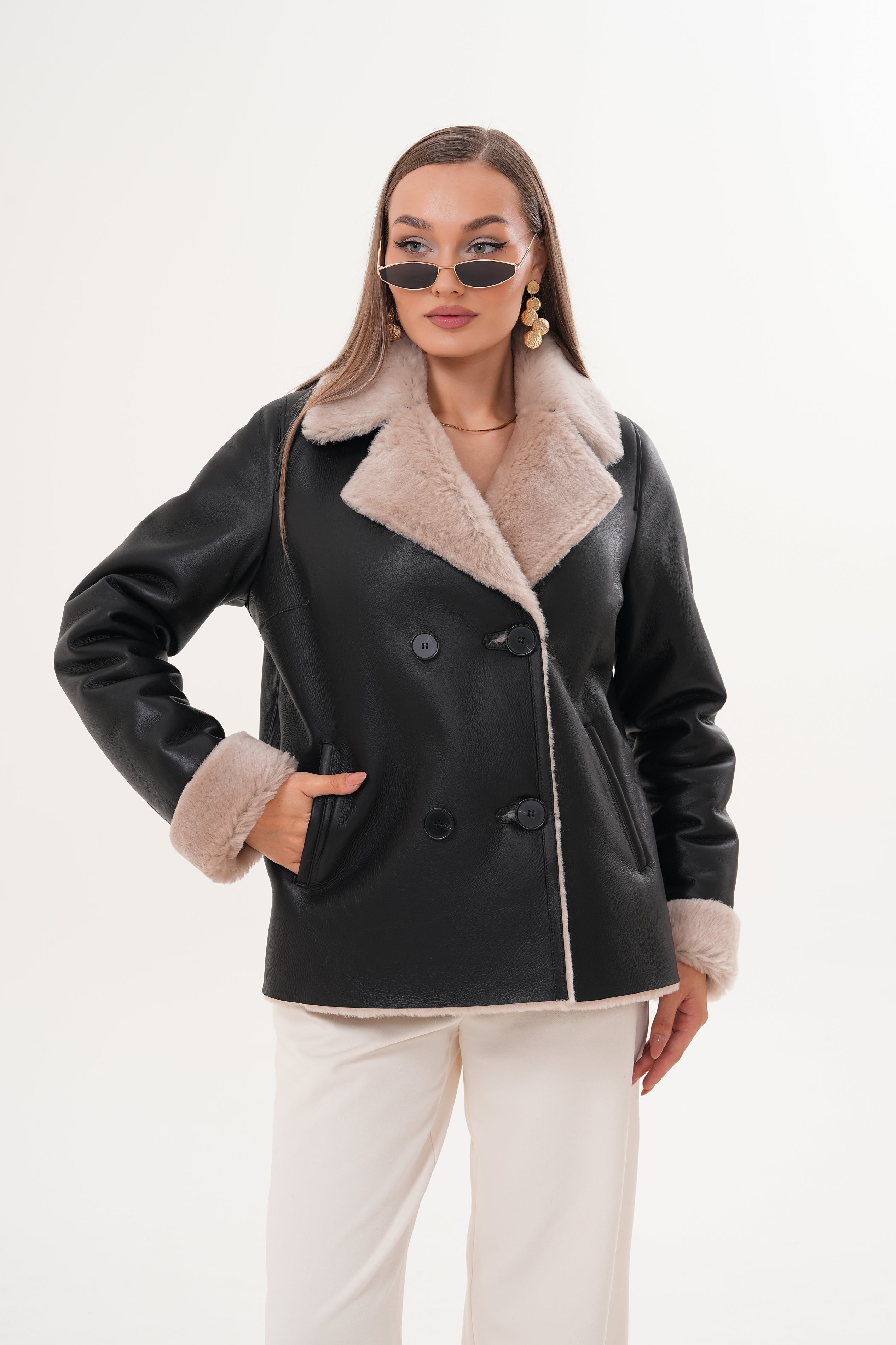 The Zurich Double-Breasted Cream Shearling Collar Leather Jacket - Vinci Leather