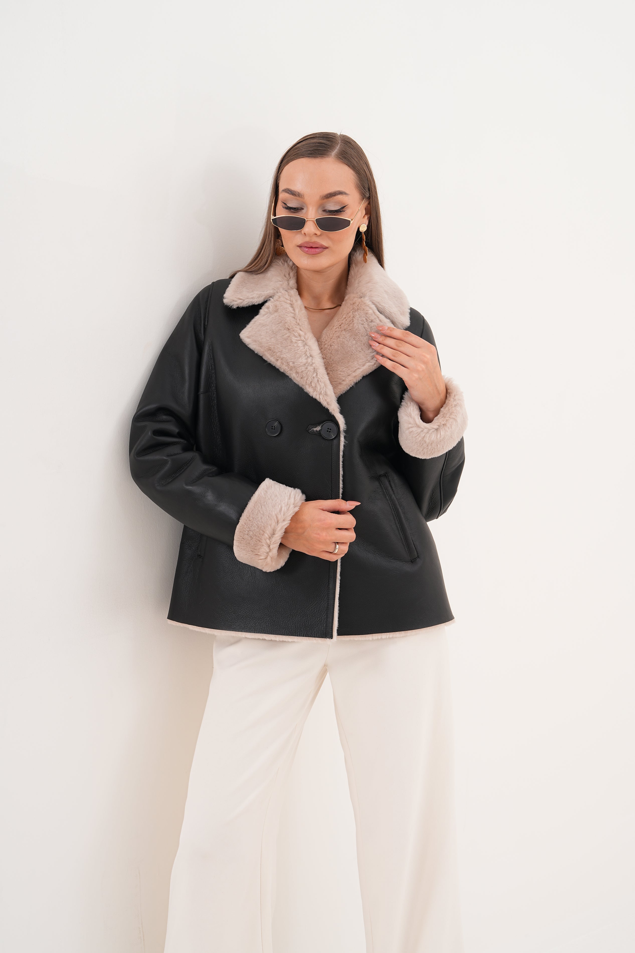 The Zurich Double-Breasted Cream Shearling Collar Leather Jacket - Vinci Leather