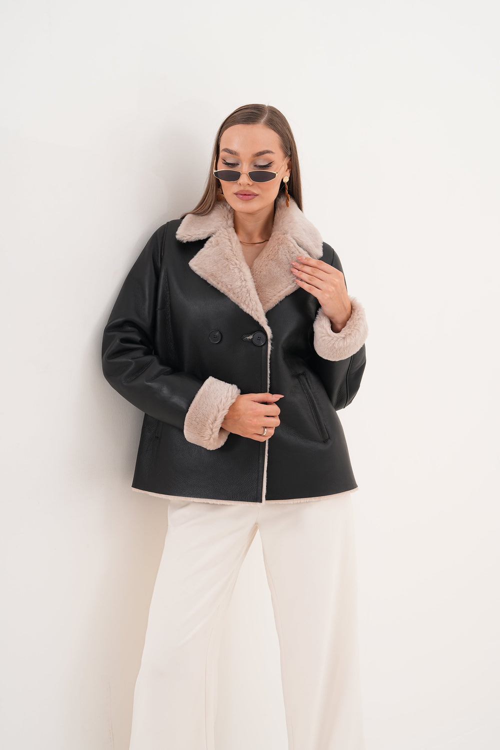 The Zurich Double-Breasted Cream Shearling Collar Leather Jacket - Vinci Leather