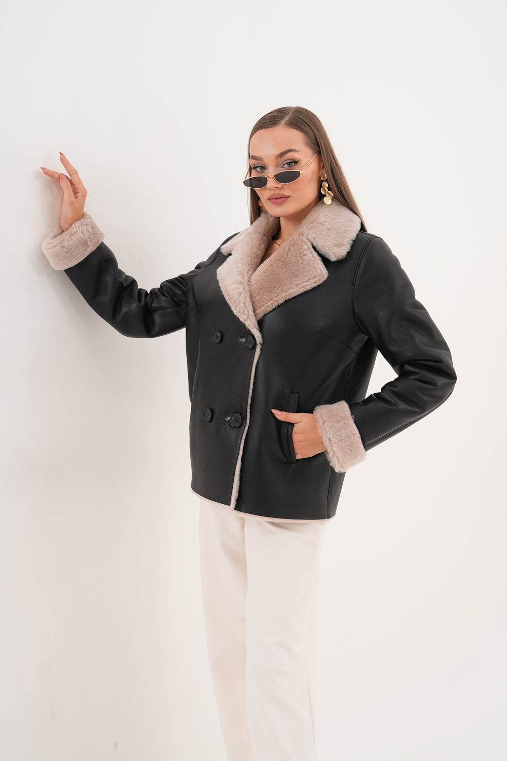 The Zurich Double-Breasted Cream Shearling Collar Leather Jacket - Vinci Leather