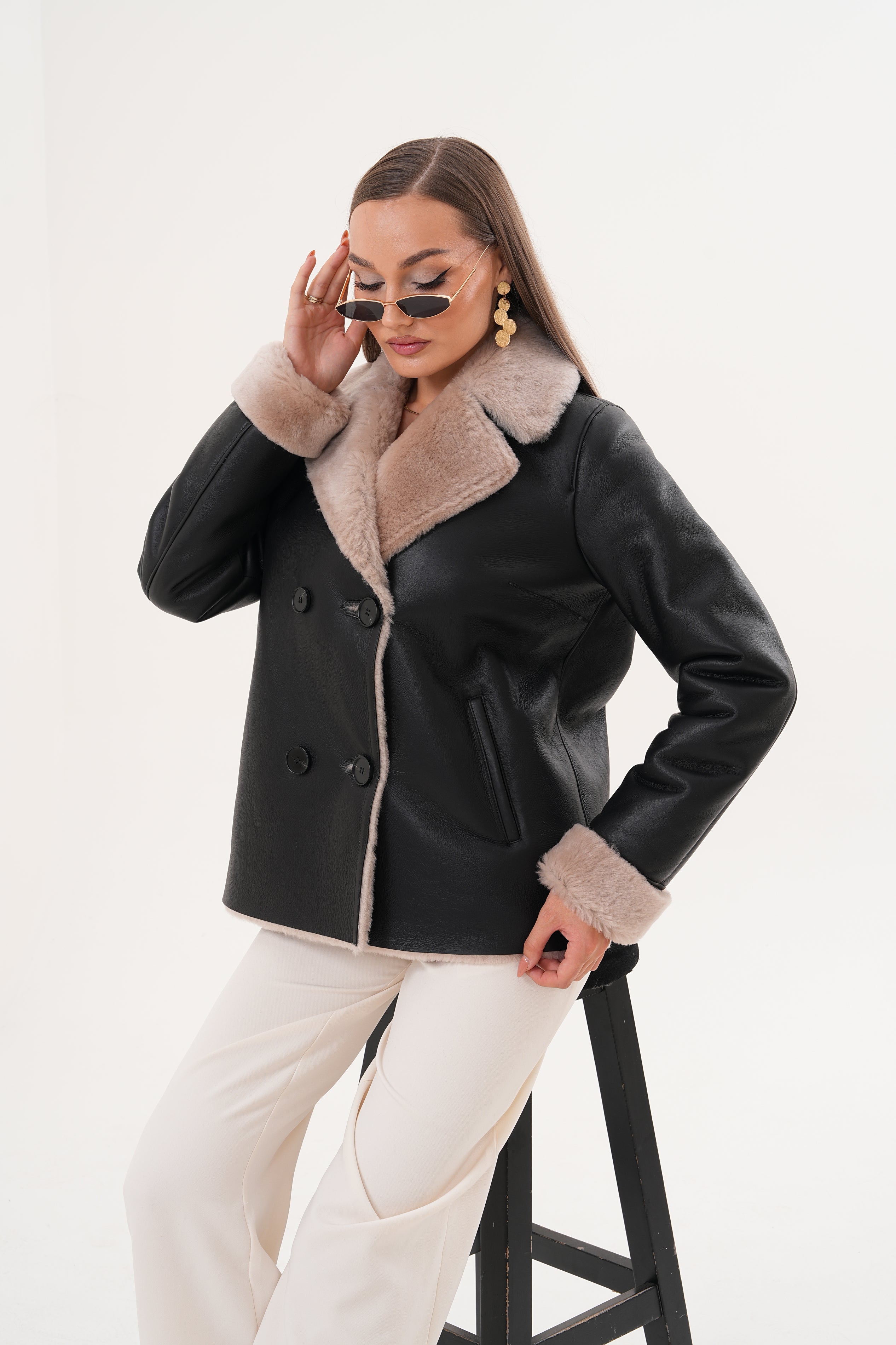 The Zurich Double-Breasted Cream Shearling Collar Leather Jacket - Vinci Leather