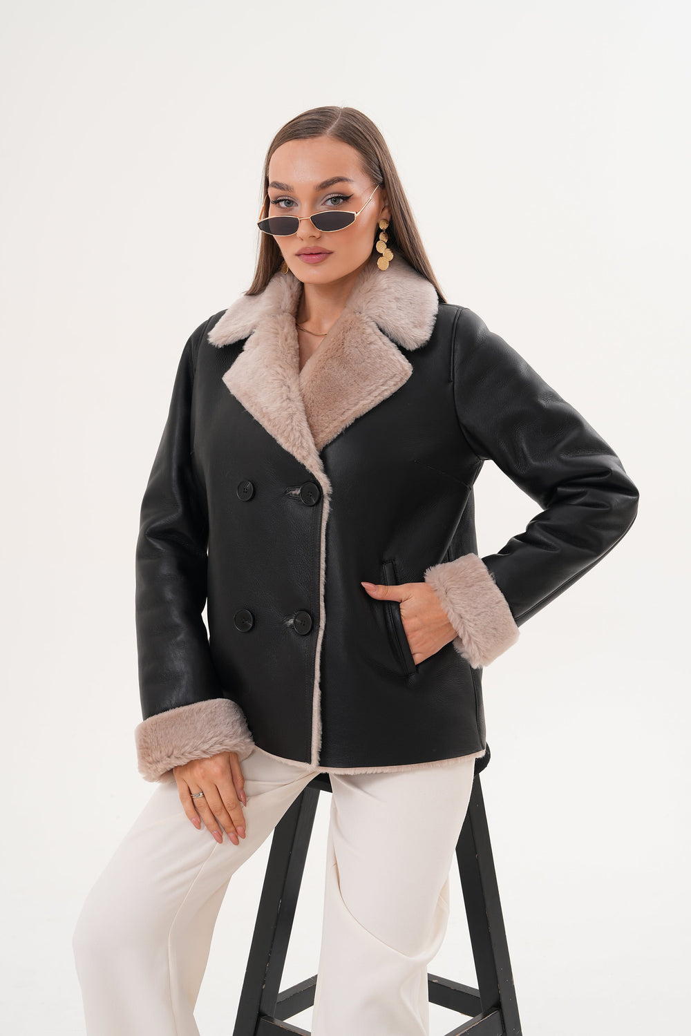 The Zurich Double-Breasted Cream Shearling Collar Leather Jacket - Vinci Leather