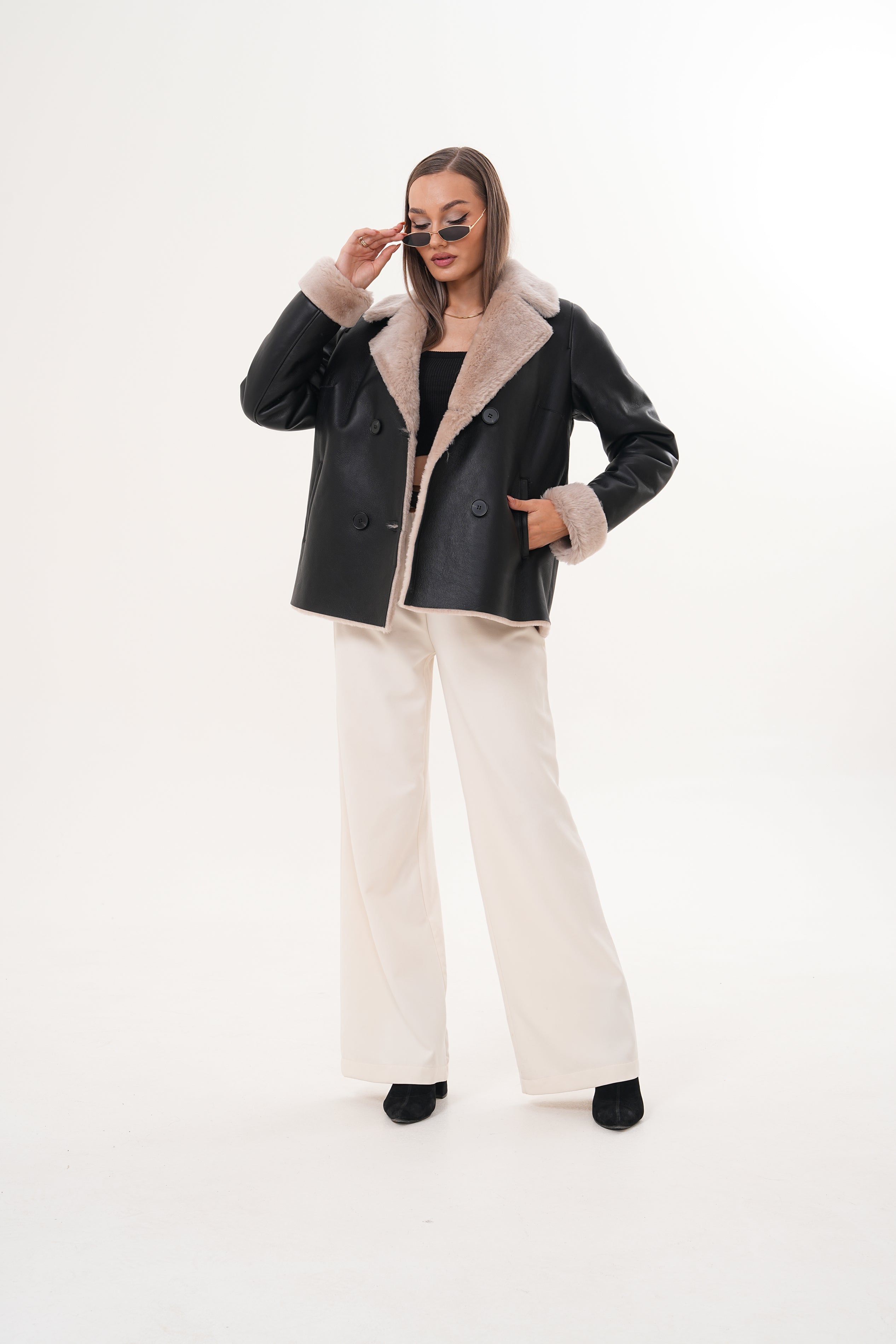 The Zurich Double-Breasted Cream Shearling Collar Leather Jacket - Vinci Leather