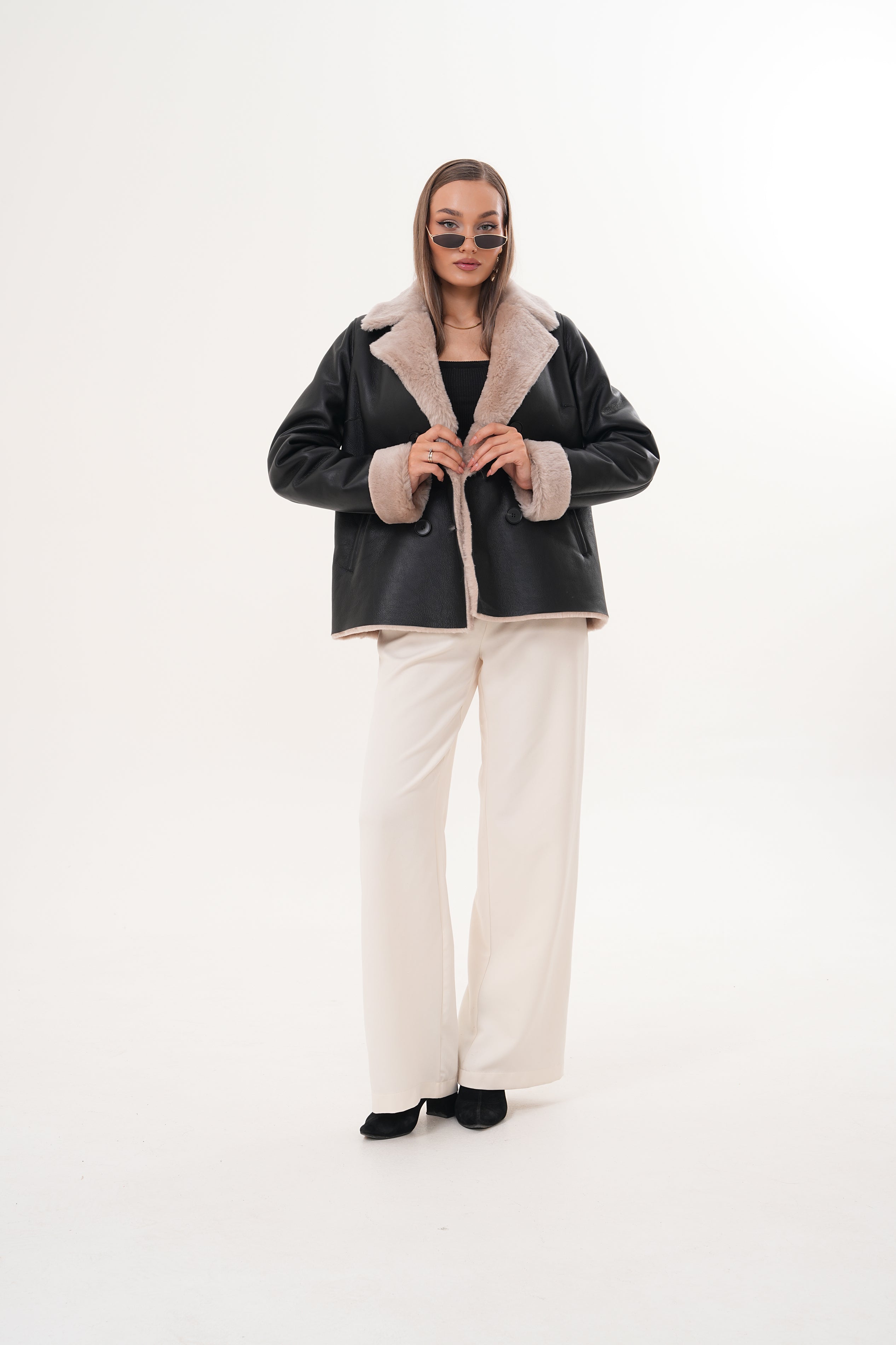 The Zurich Double-Breasted Cream Shearling Collar Leather Jacket - Vinci Leather
