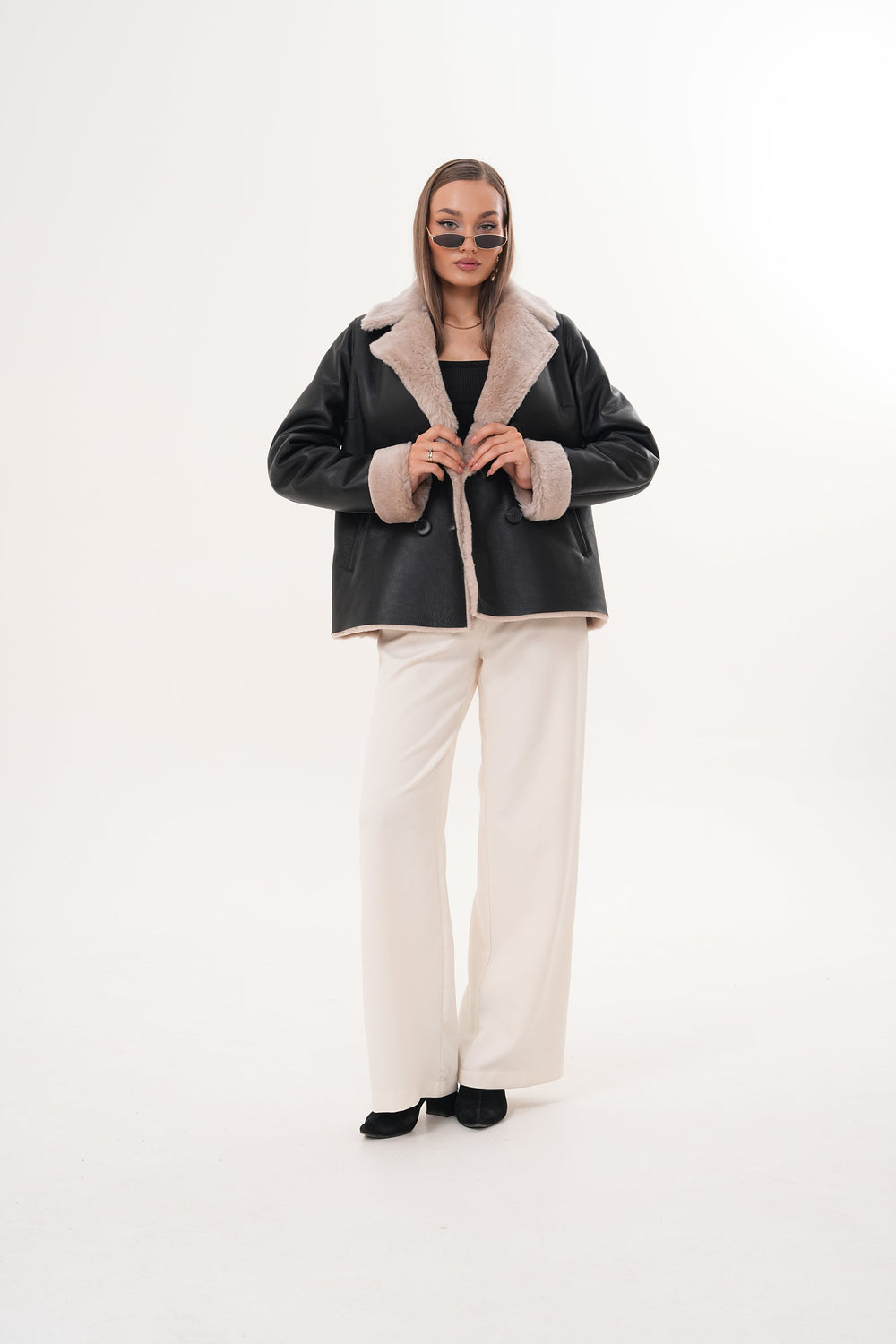 The Zurich Double-Breasted Cream Shearling Collar Leather Jacket - Vinci Leather