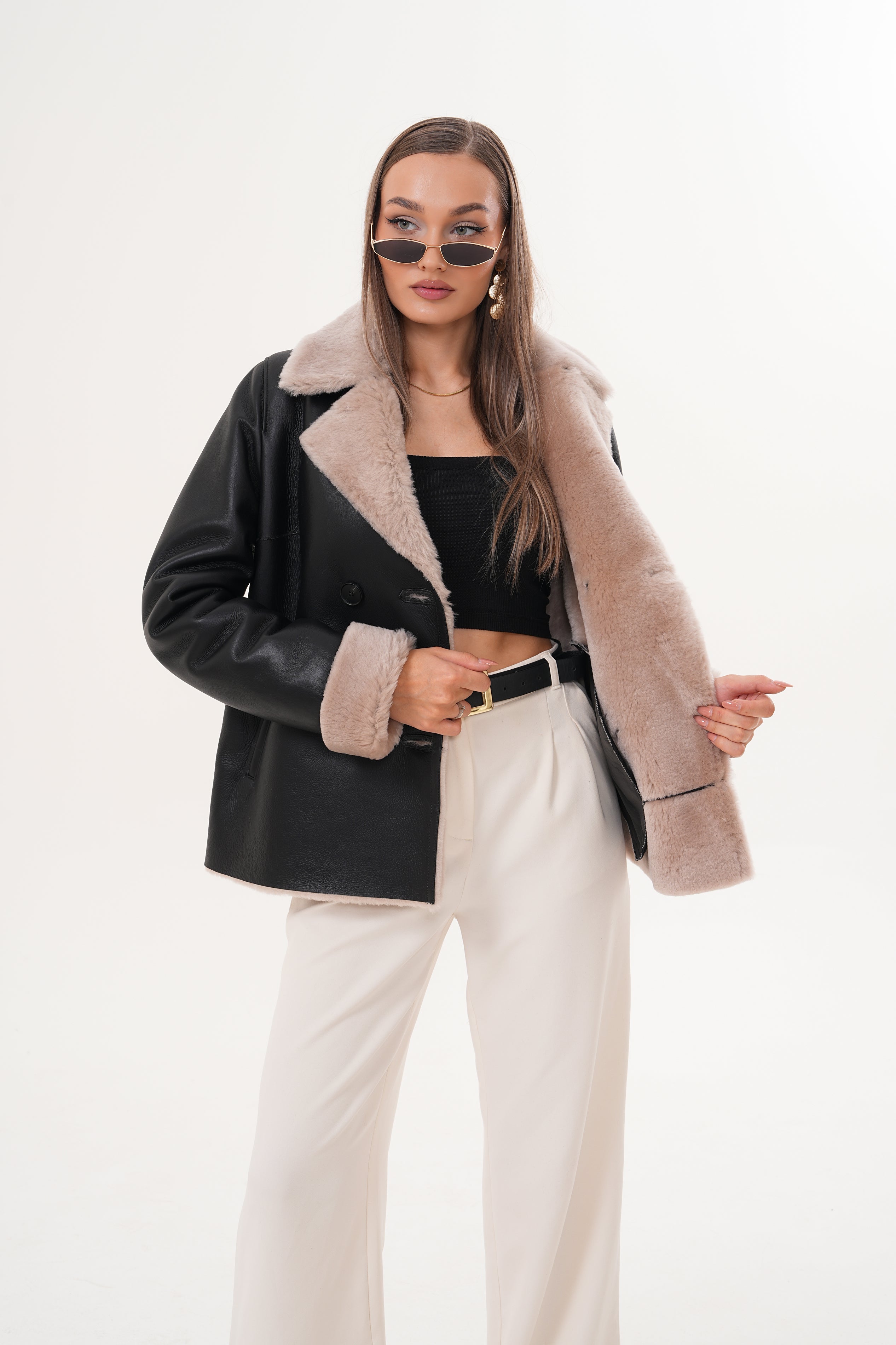 The Zurich Double-Breasted Cream Shearling Collar Leather Jacket - Vinci Leather
