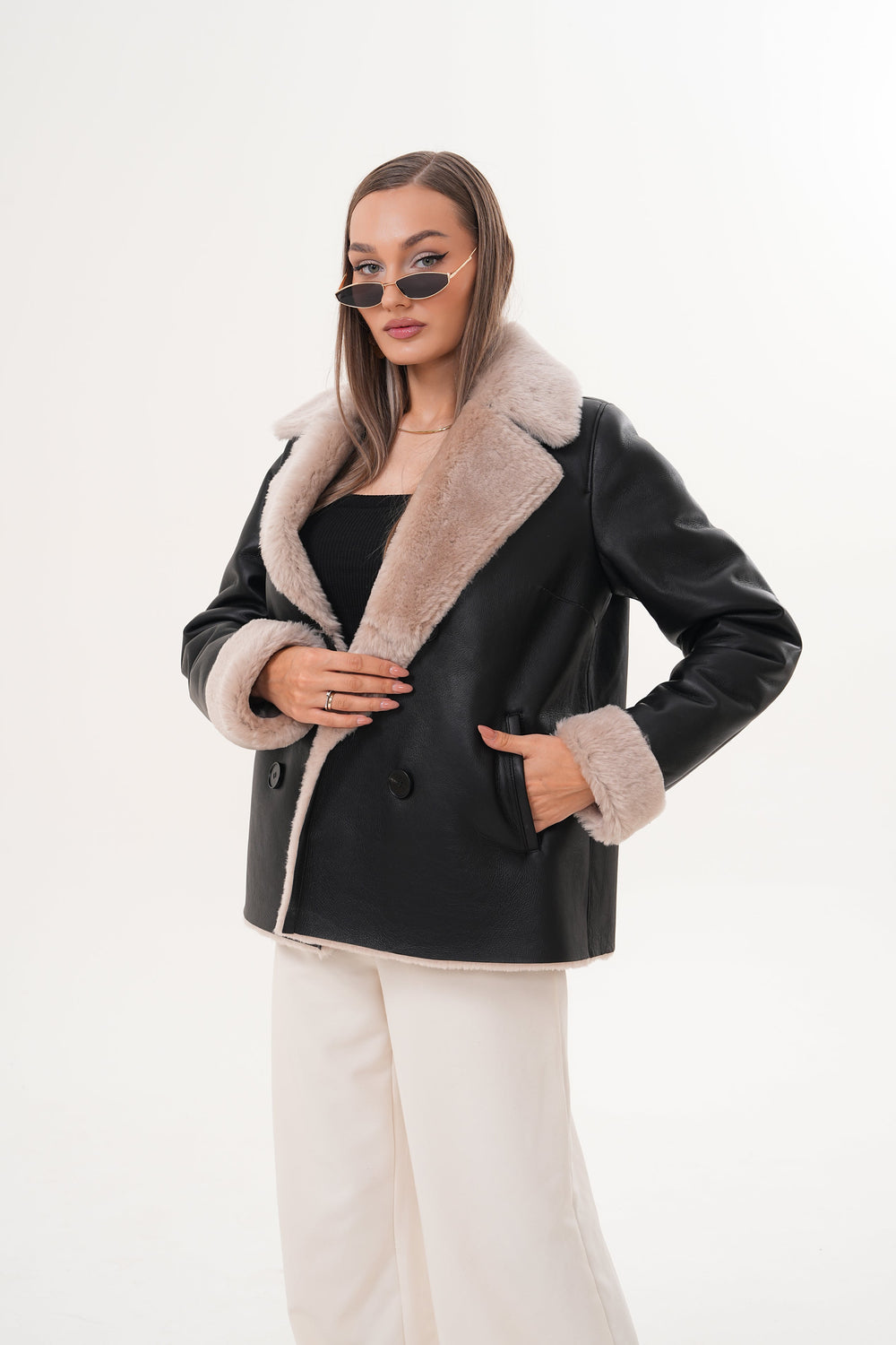 The Zurich Double-Breasted Cream Shearling Collar Leather Jacket - Vinci Leather