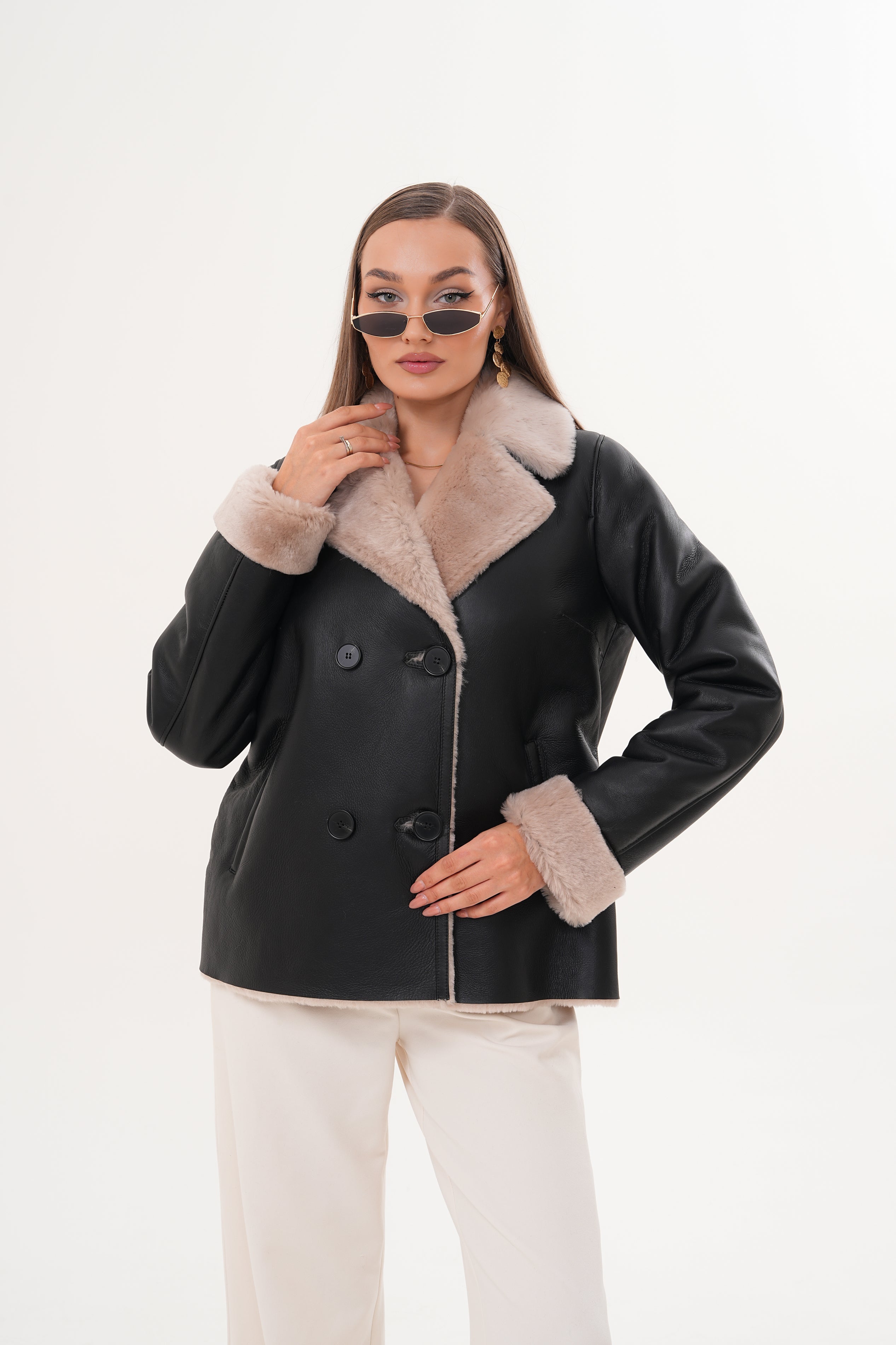 The Zurich Double-Breasted Cream Shearling Collar Leather Jacket - Vinci Leather