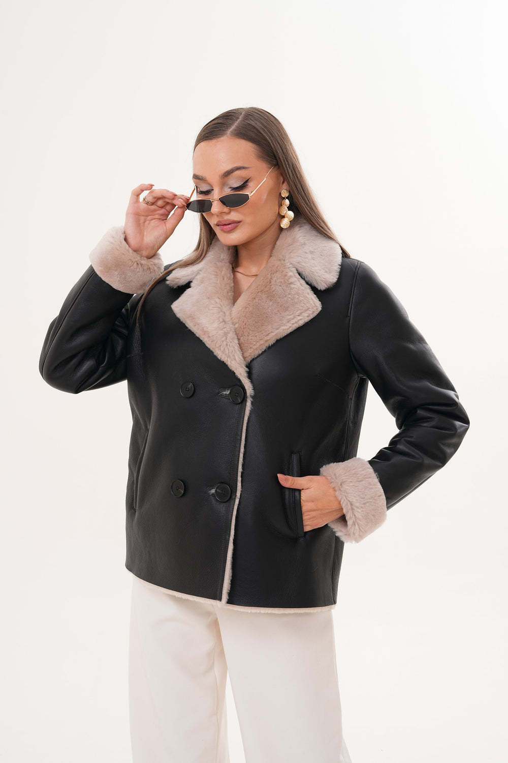 The Zurich Double-Breasted Cream Shearling Collar Leather Jacket - Vinci Leather