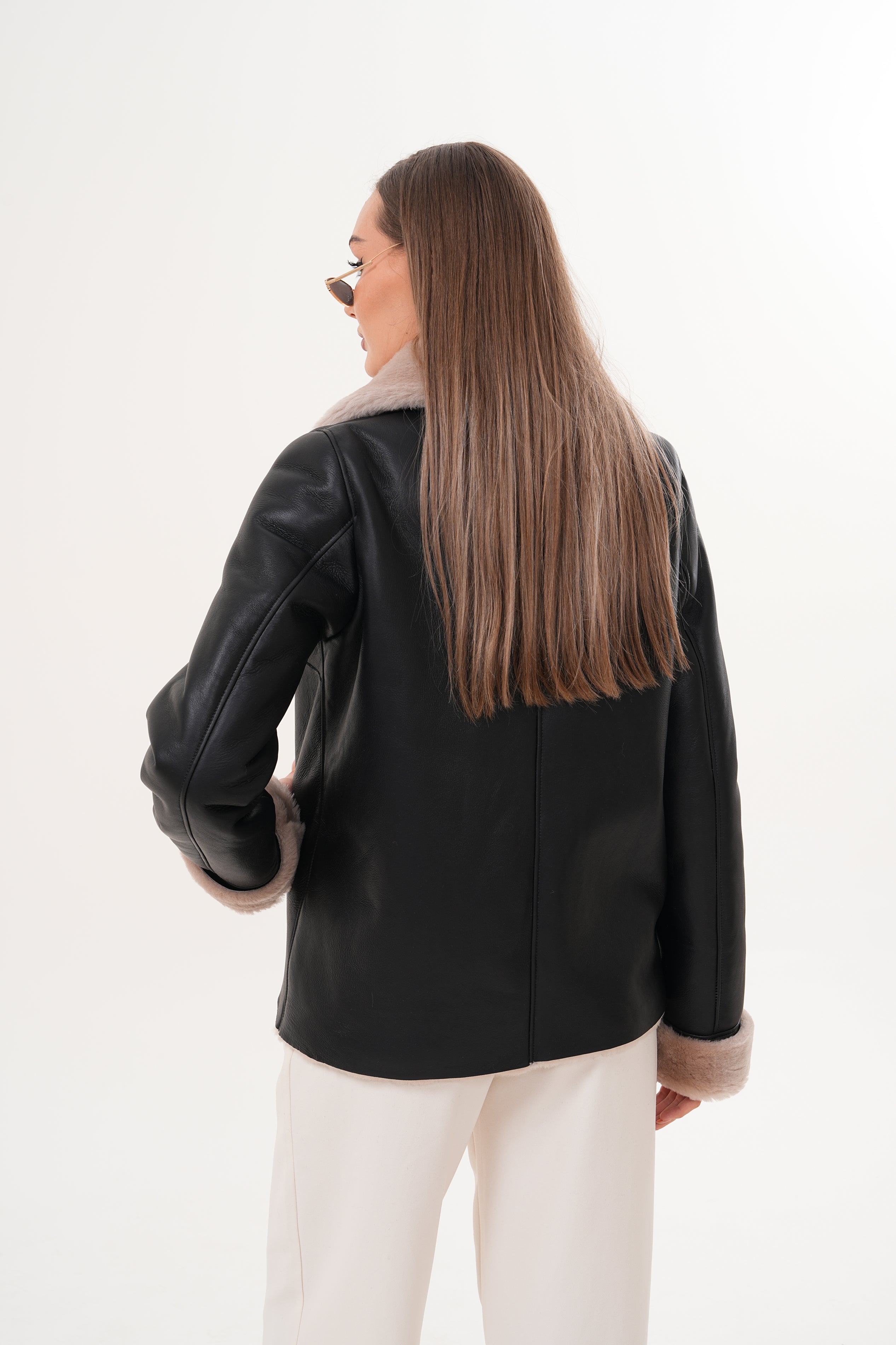 The Zurich Double-Breasted Cream Shearling Collar Leather Jacket - Vinci Leather