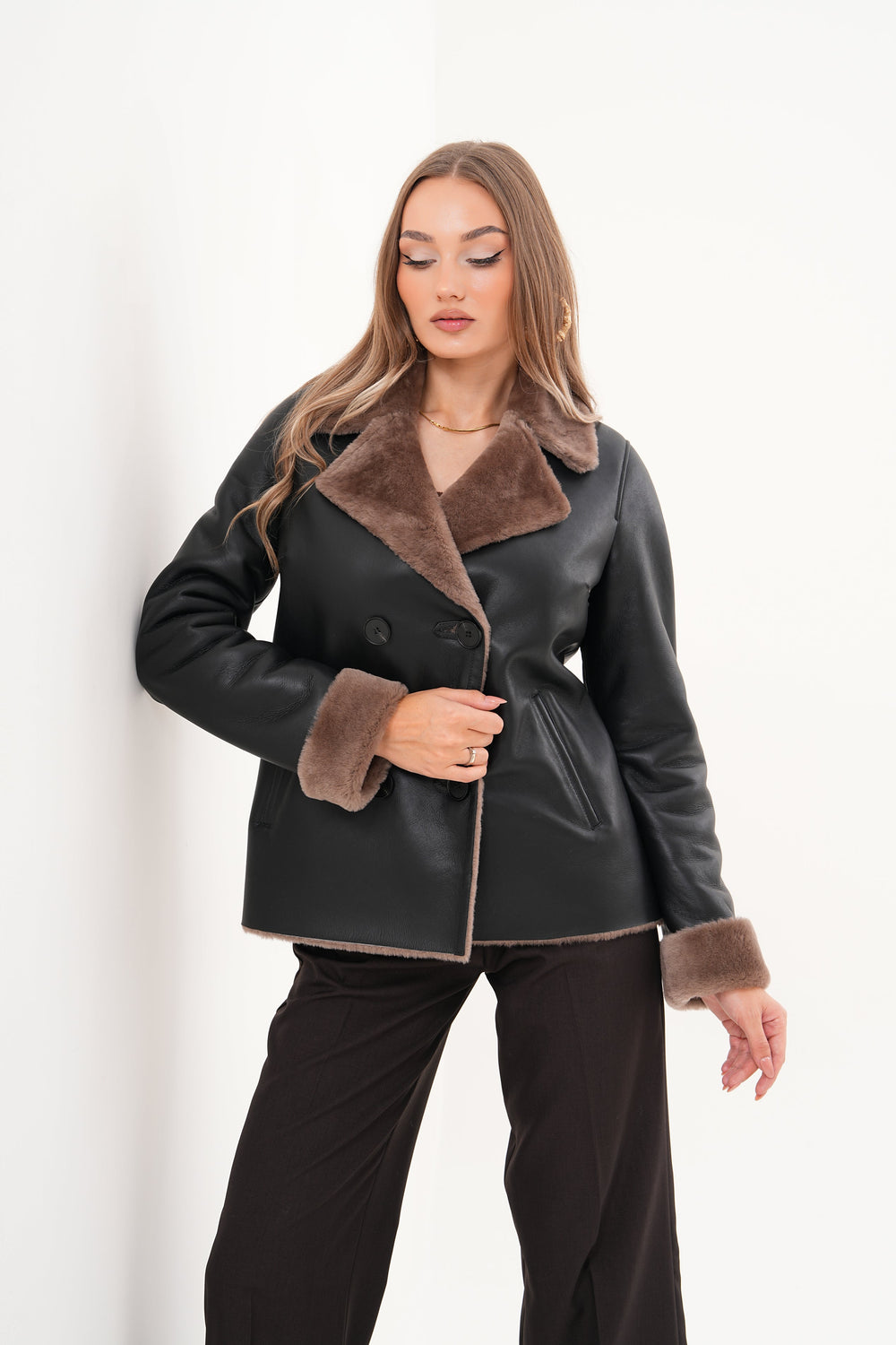 The Zurich Double-Breasted Brown Shearling Collar Leather Jacket - Vinci Leather