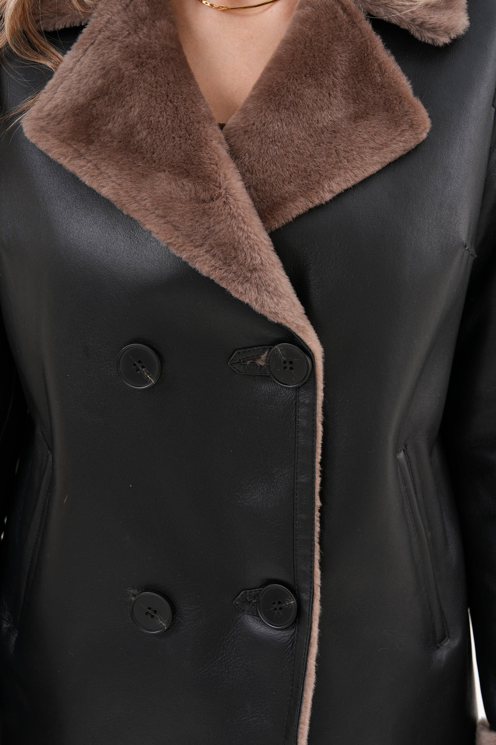 The Zurich Double-Breasted Brown Shearling Collar Leather Jacket - Vinci Leather