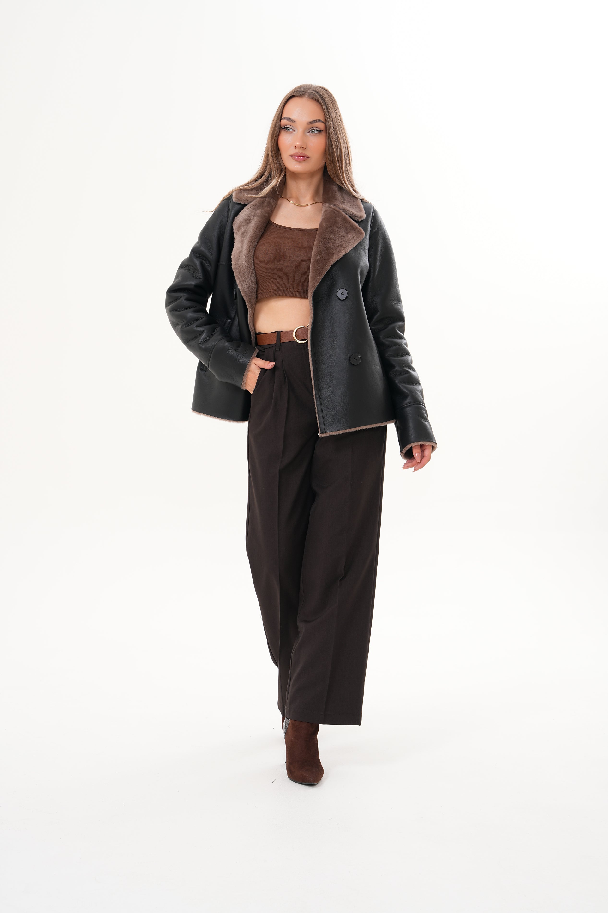 The Zurich Double-Breasted Brown Shearling Collar Leather Jacket - Vinci Leather