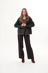 The Zurich Double-Breasted Brown Shearling Collar Leather Jacket - Vinci Leather
