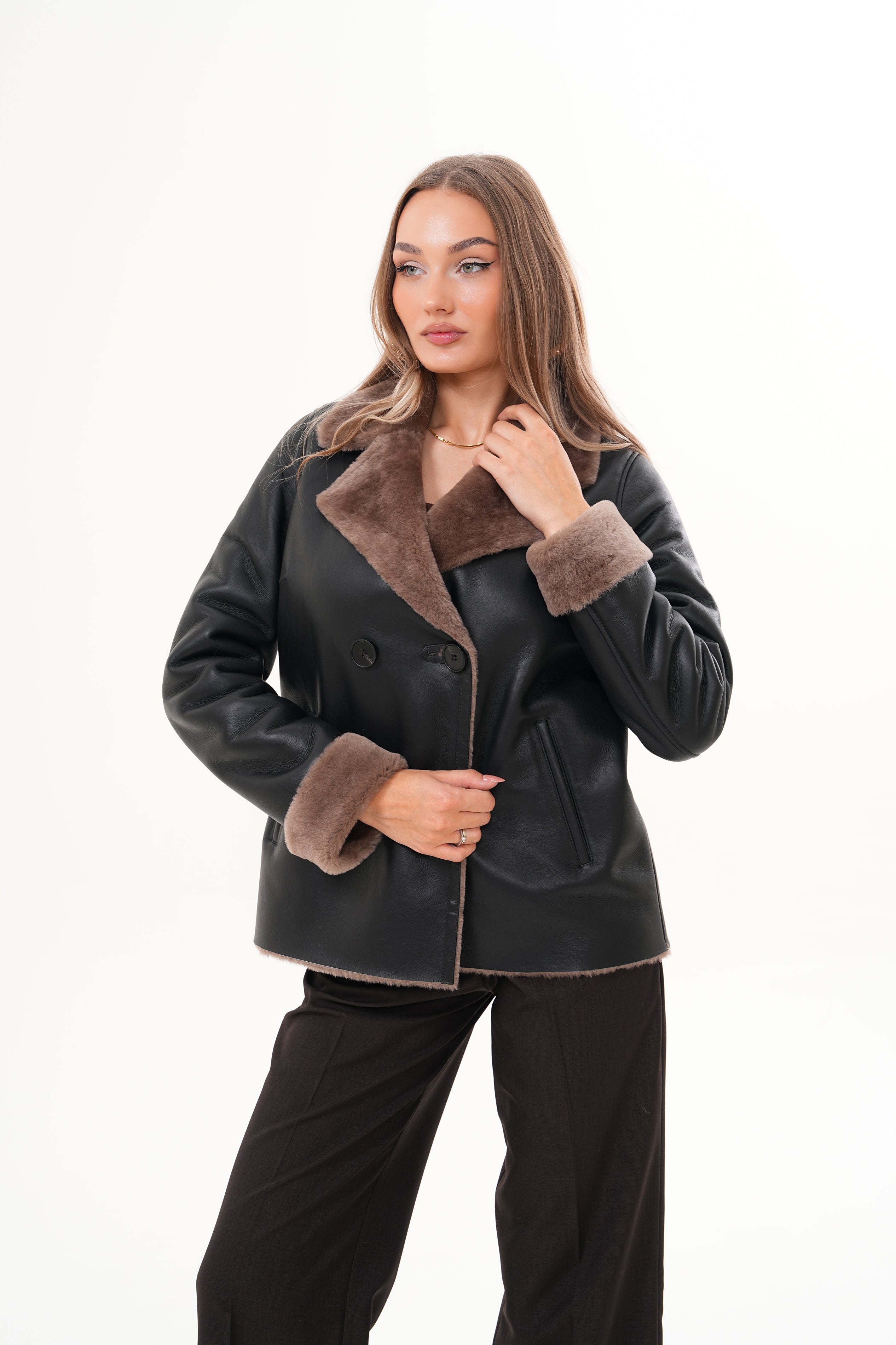 The Zurich Double-Breasted Brown Shearling Collar Leather Jacket - Vinci Leather