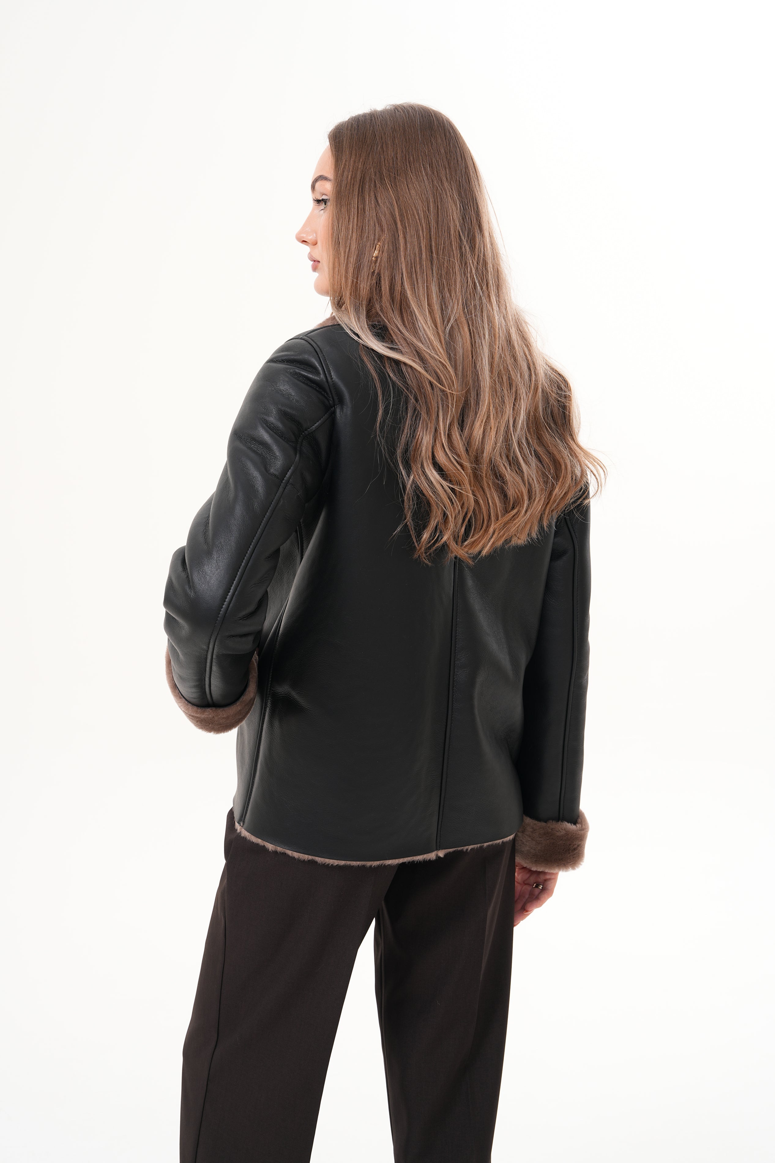 The Zurich Double-Breasted Brown Shearling Collar Leather Jacket - Vinci Leather