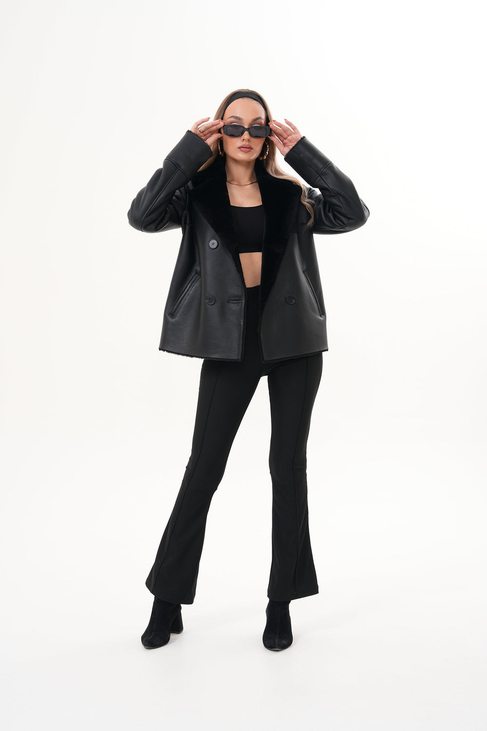 The Zurich Double-Breasted Black Shearling Leather Jacket - Vinci Leather