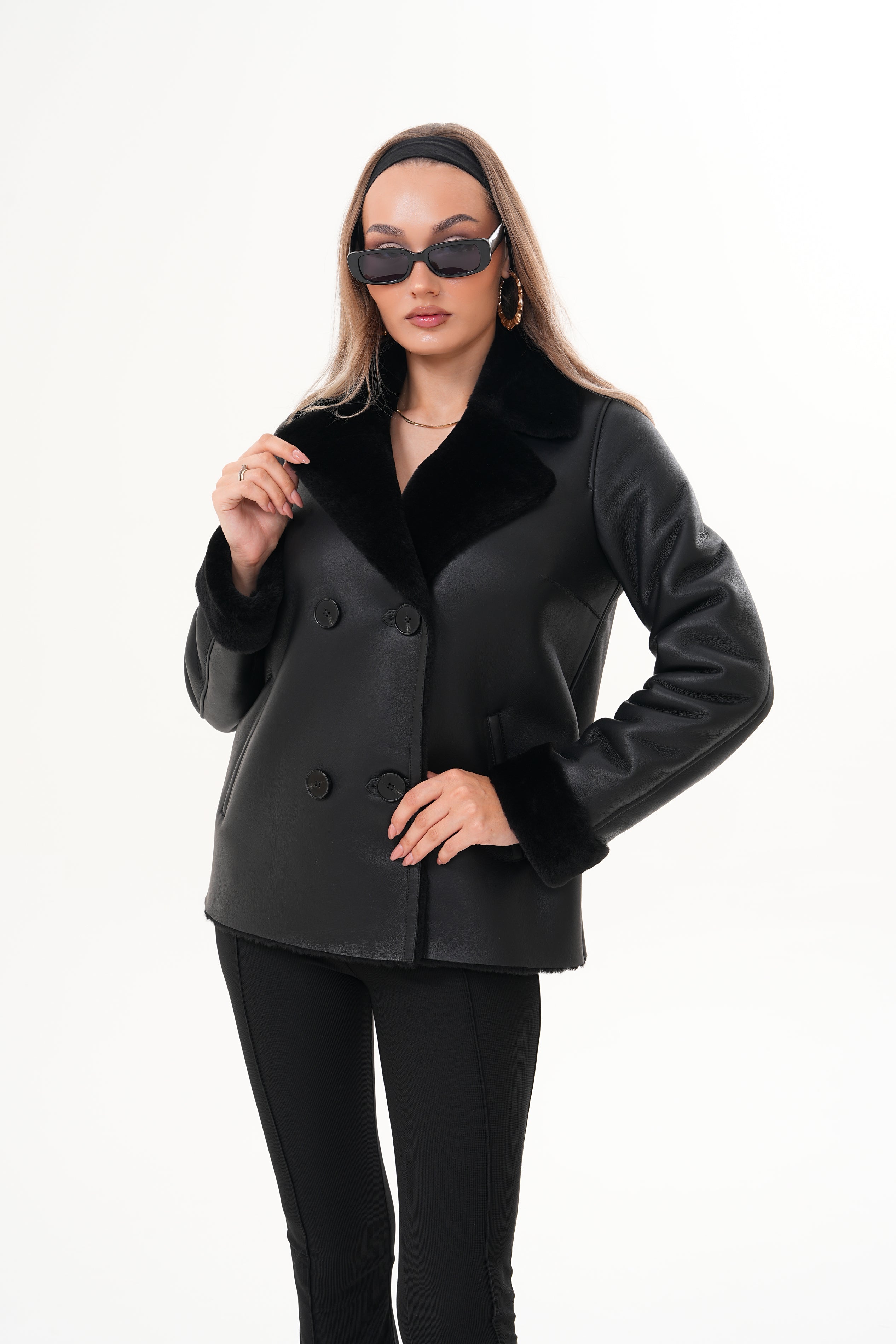 The Zurich Double-Breasted Black Shearling Leather Jacket - Vinci Leather
