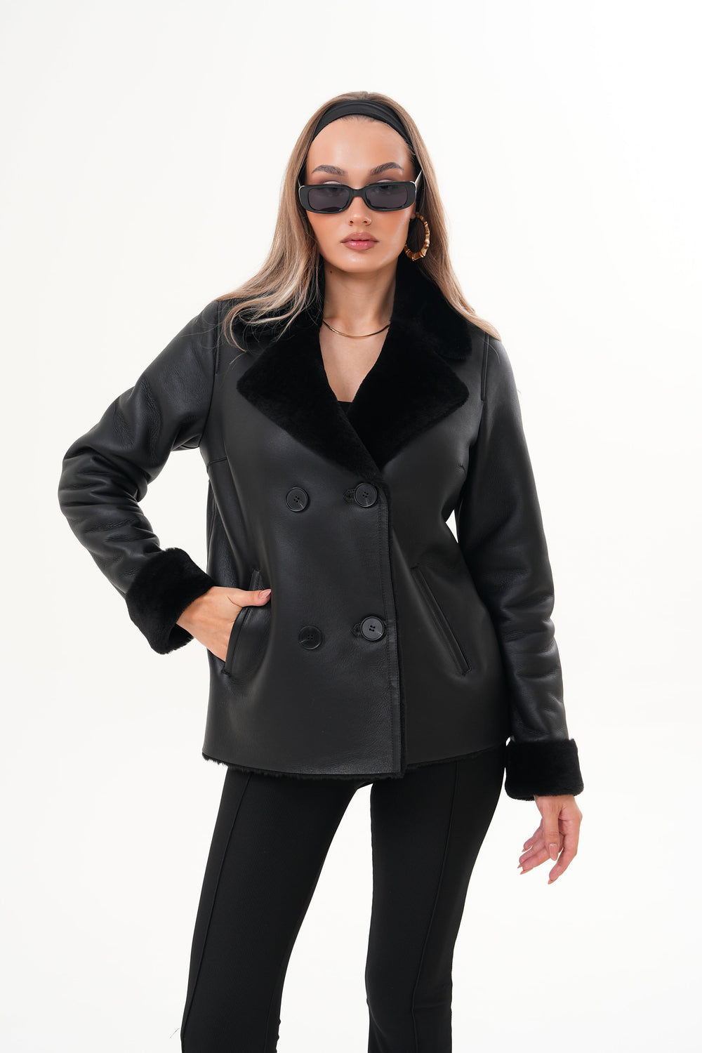 The Zurich Double-Breasted Black Shearling Leather Jacket - Vinci Leather