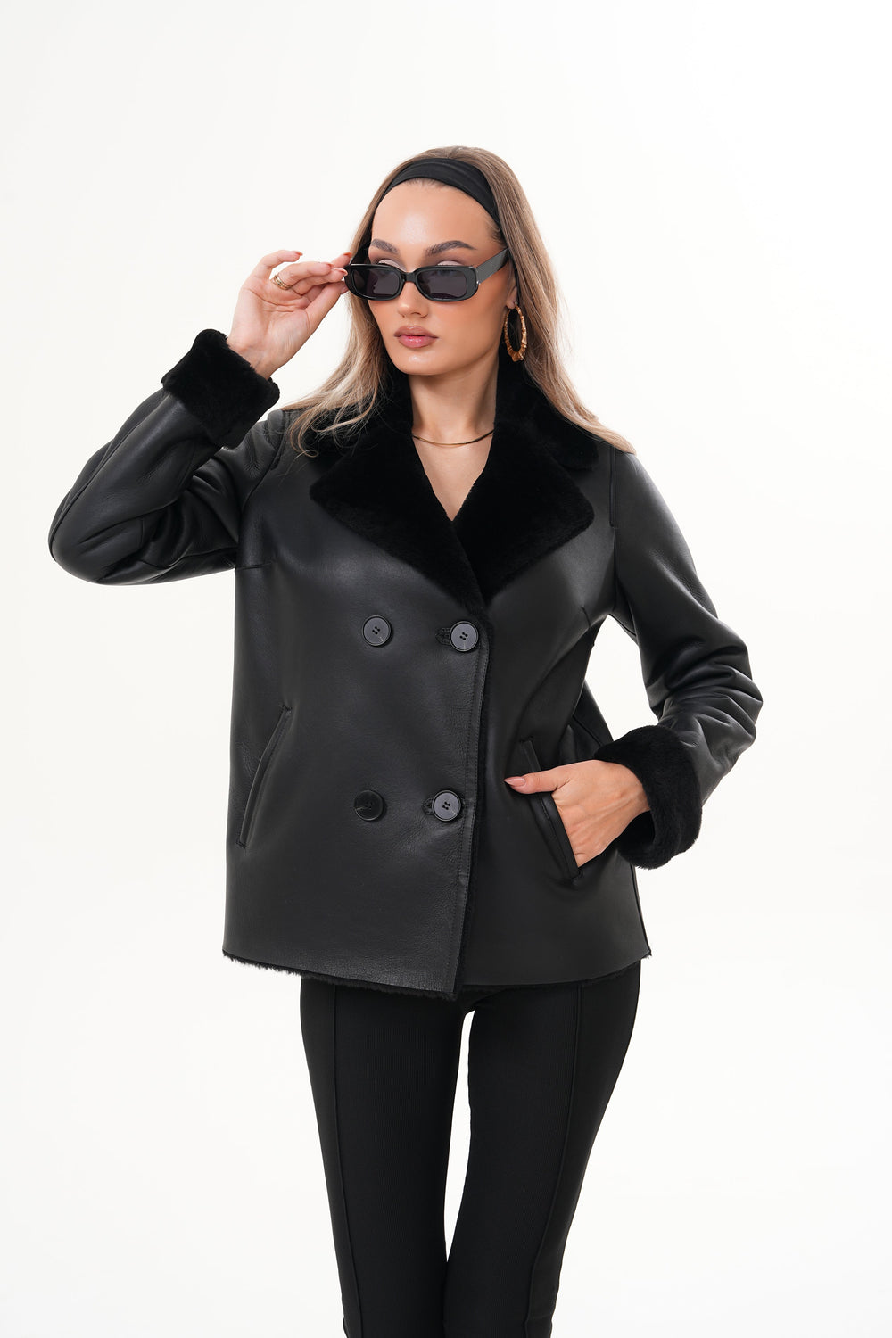 The Zurich Double-Breasted Black Shearling Leather Jacket - Vinci Leather