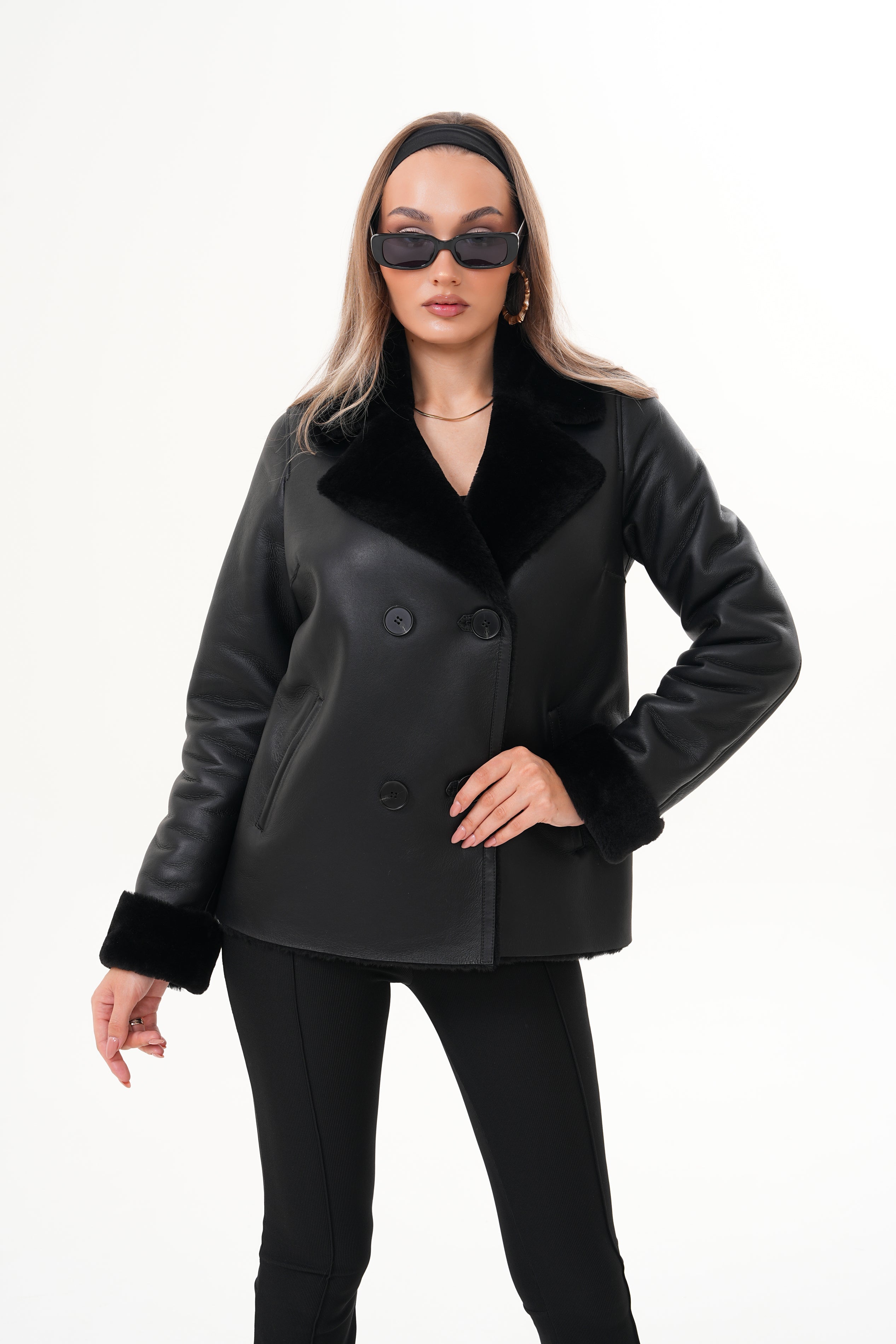 The Zurich Double-Breasted Black Shearling Leather Jacket - Vinci Leather