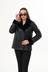 The Zurich Double-Breasted Black Shearling Leather Jacket - Vinci Leather