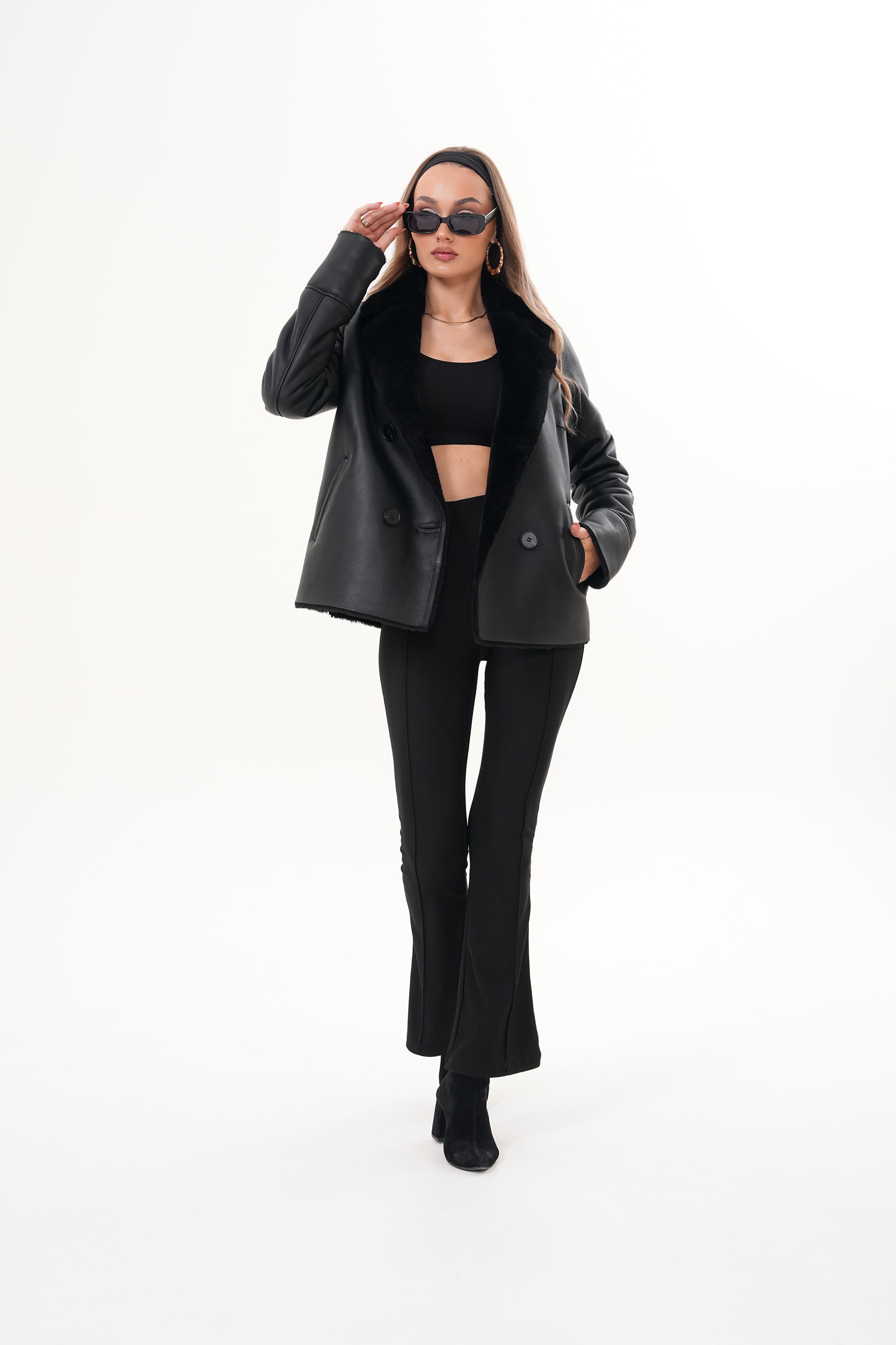 The Zurich Double-Breasted Black Shearling Leather Jacket - Vinci Leather