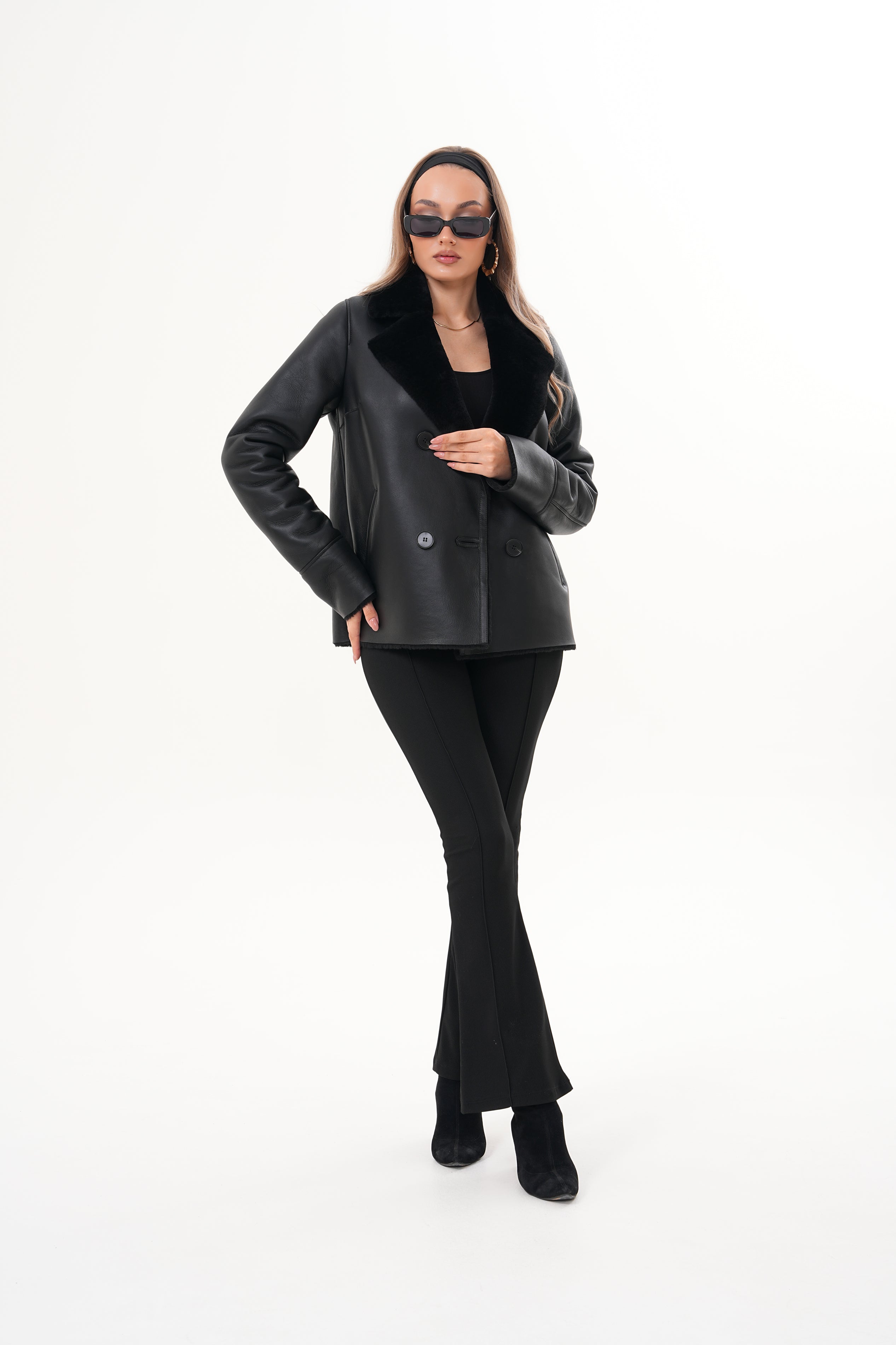 The Zurich Double-Breasted Black Shearling Leather Jacket - Vinci Leather