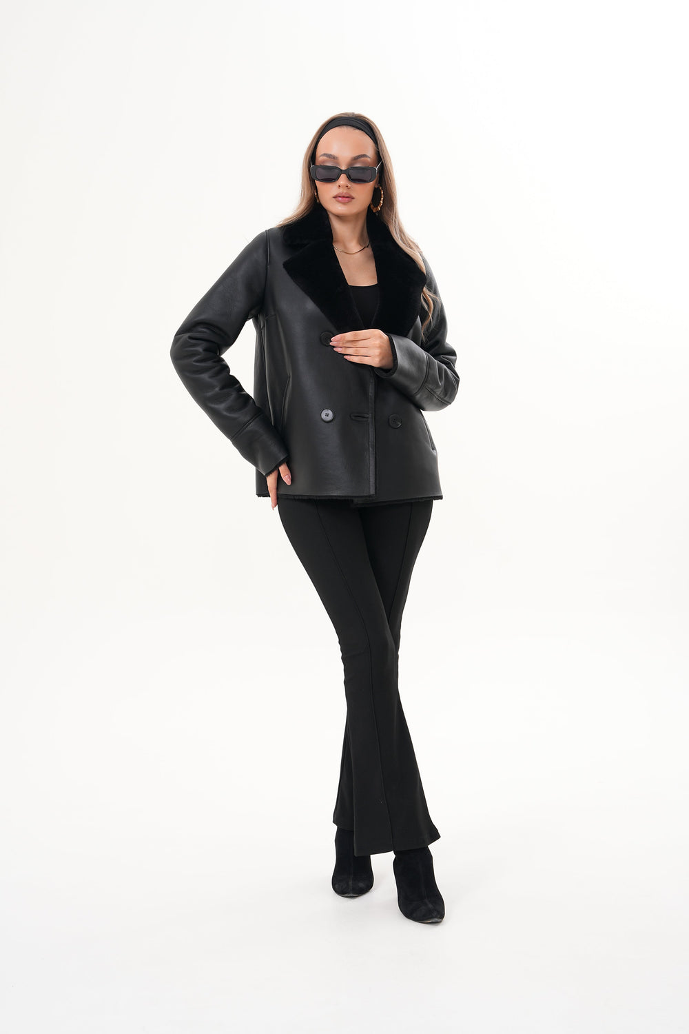 The Zurich Double-Breasted Black Shearling Leather Jacket - Vinci Leather