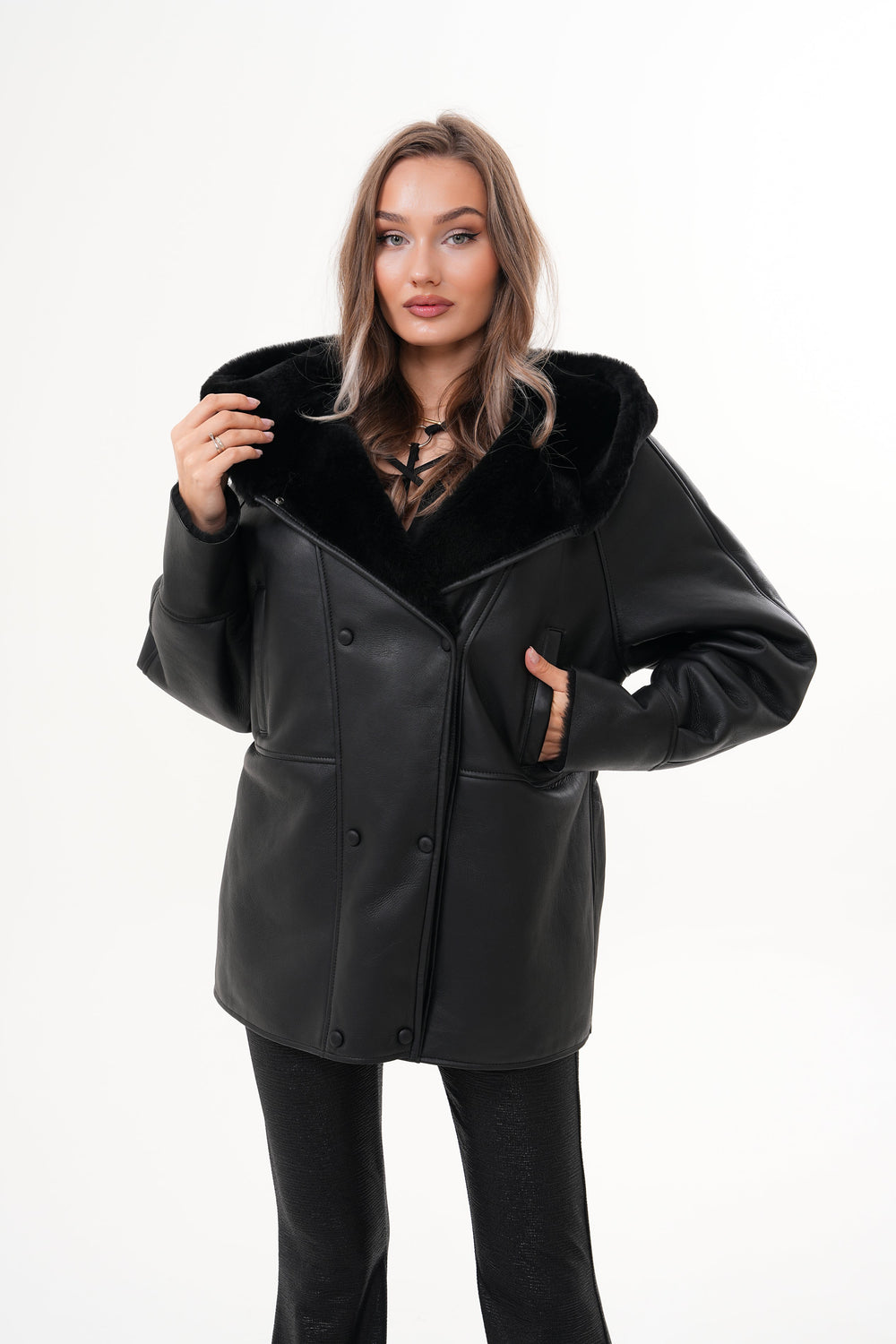 The Denali Hooded Black Shearling Leather Jacket - Vinci Leather