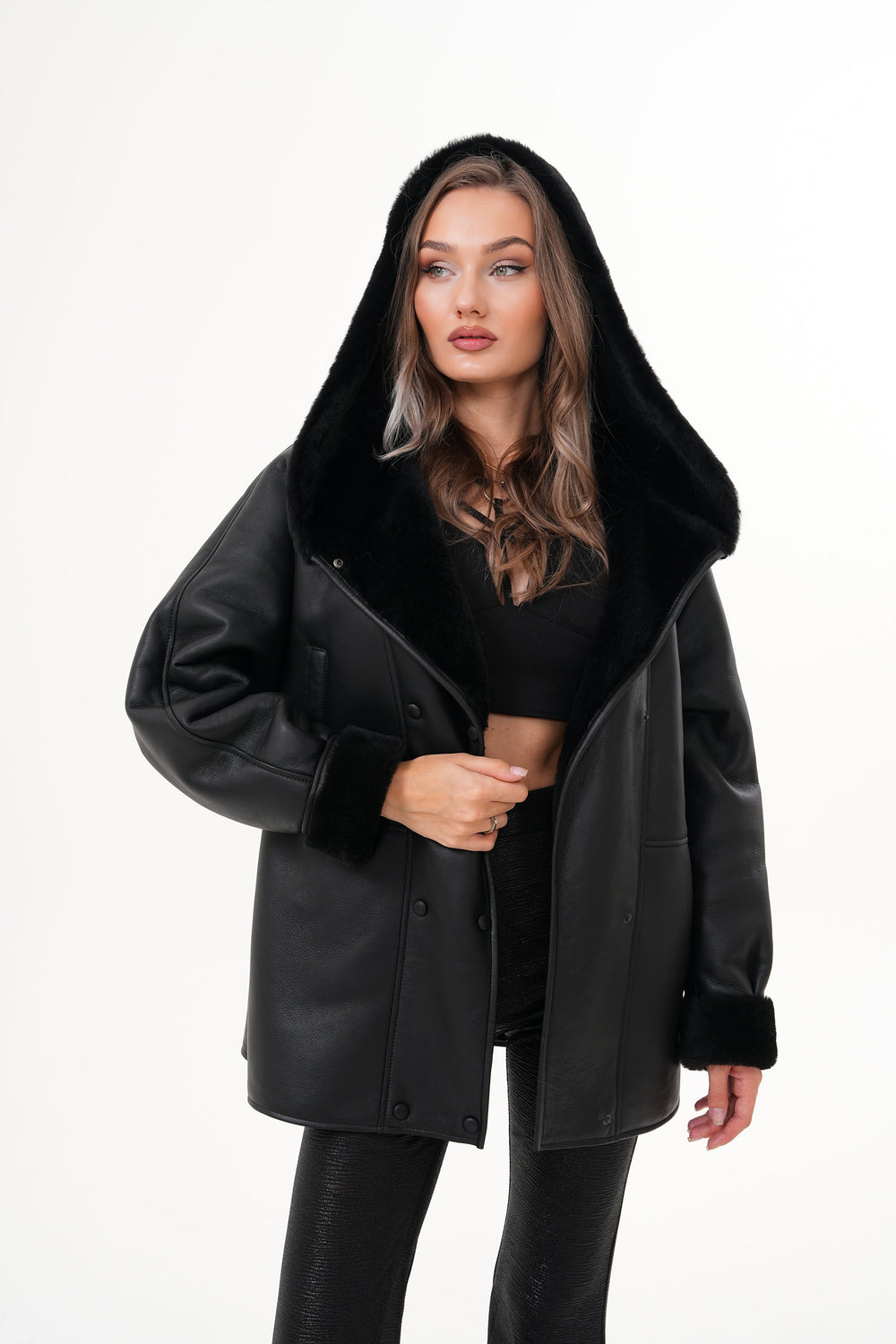 The Denali Hooded Black Shearling Leather Jacket - Vinci Leather