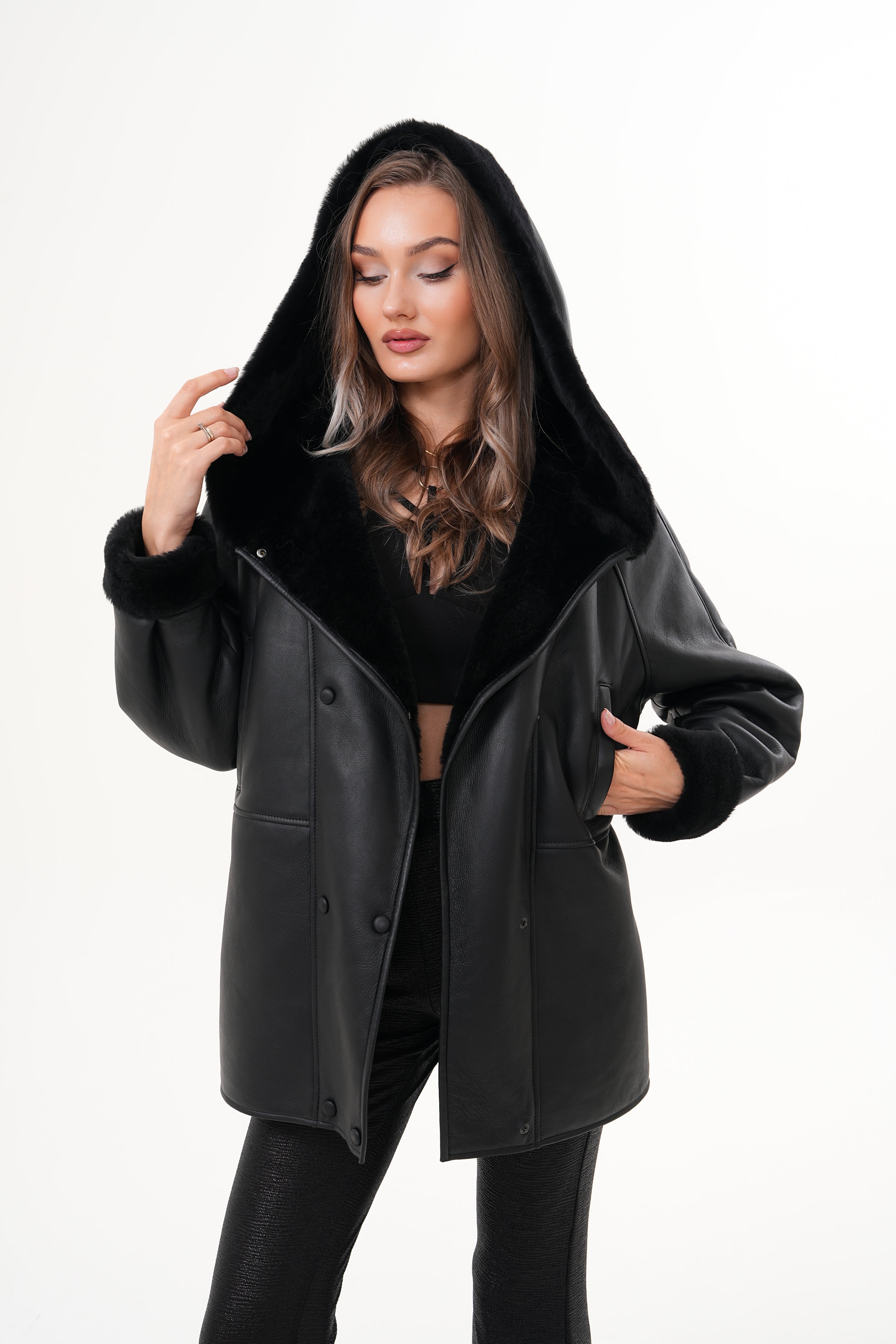 The Denali Hooded Black Shearling Leather Jacket - Vinci Leather