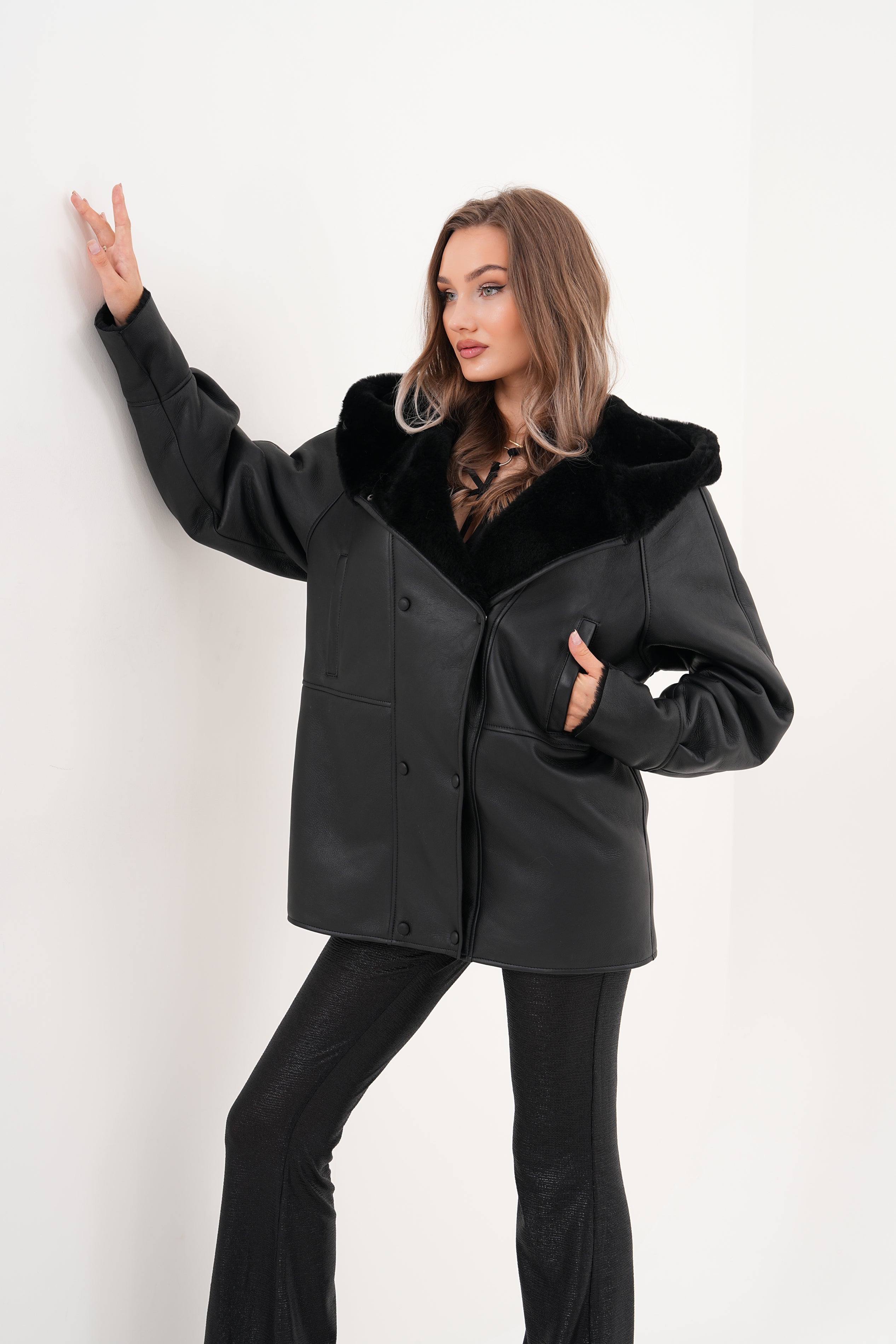 The Denali Hooded Black Shearling Leather Jacket - Vinci Leather