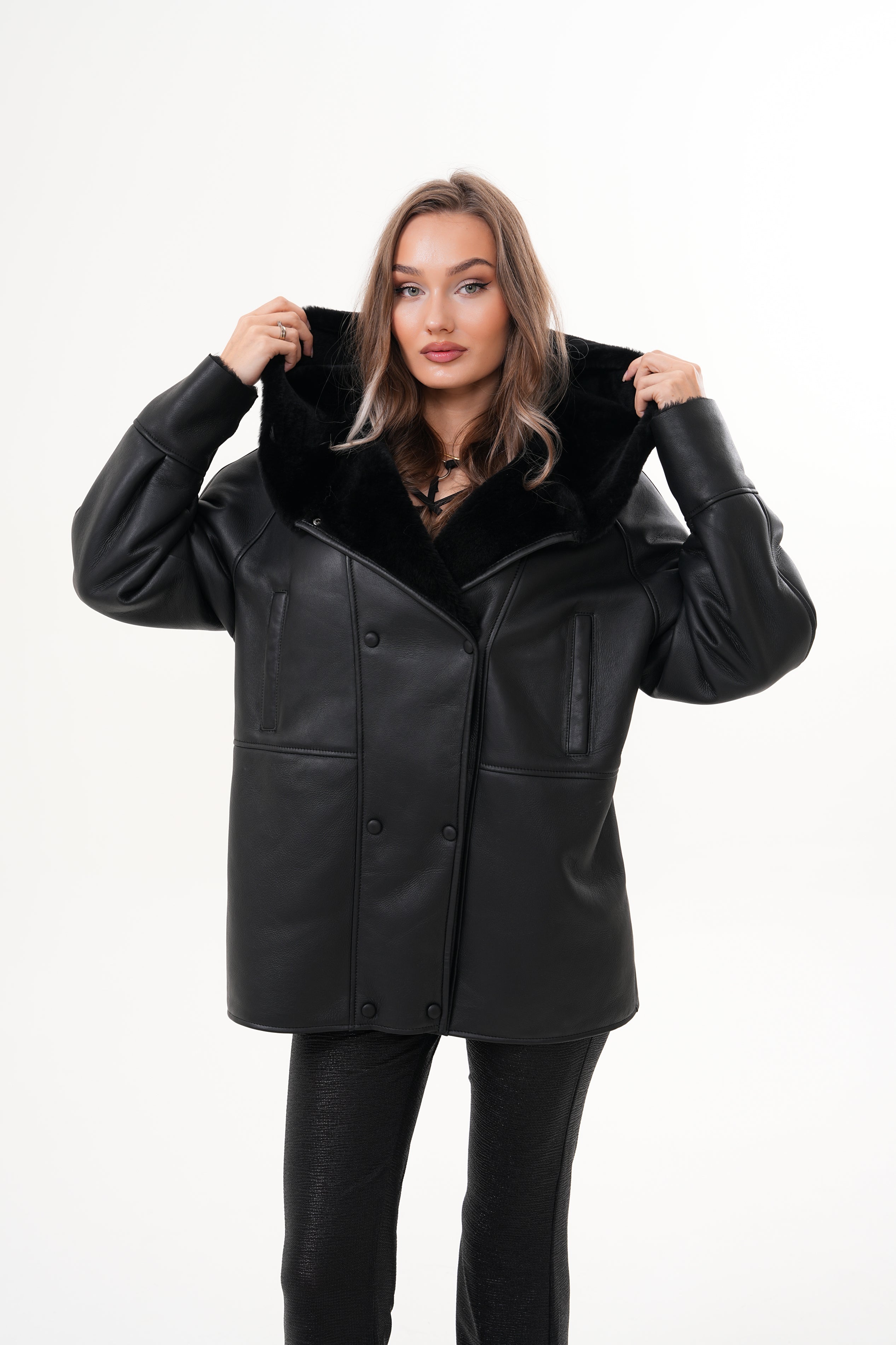 The Denali Hooded Black Shearling Leather Jacket - Vinci Leather
