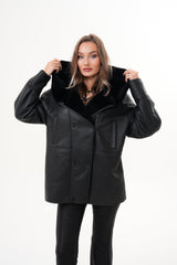 The Denali Hooded Black Shearling Leather Jacket - Vinci Leather