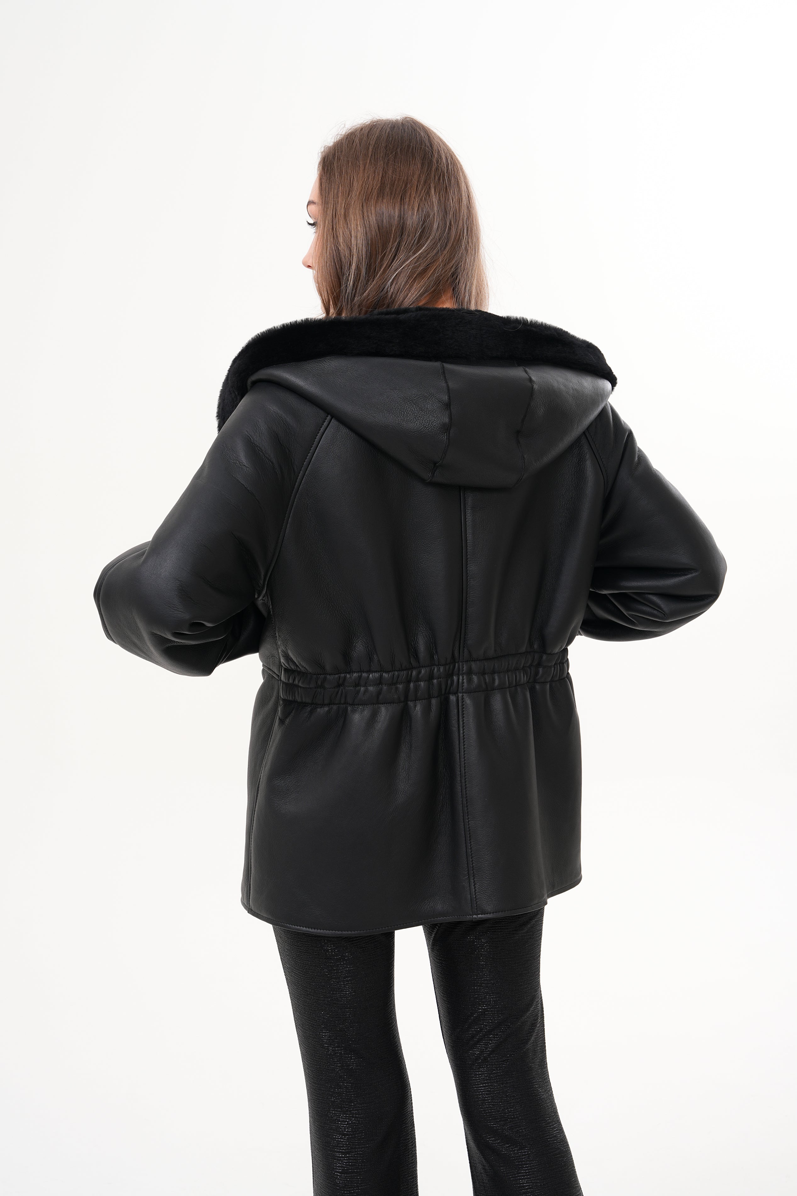The Denali Hooded Black Shearling Leather Jacket - Vinci Leather
