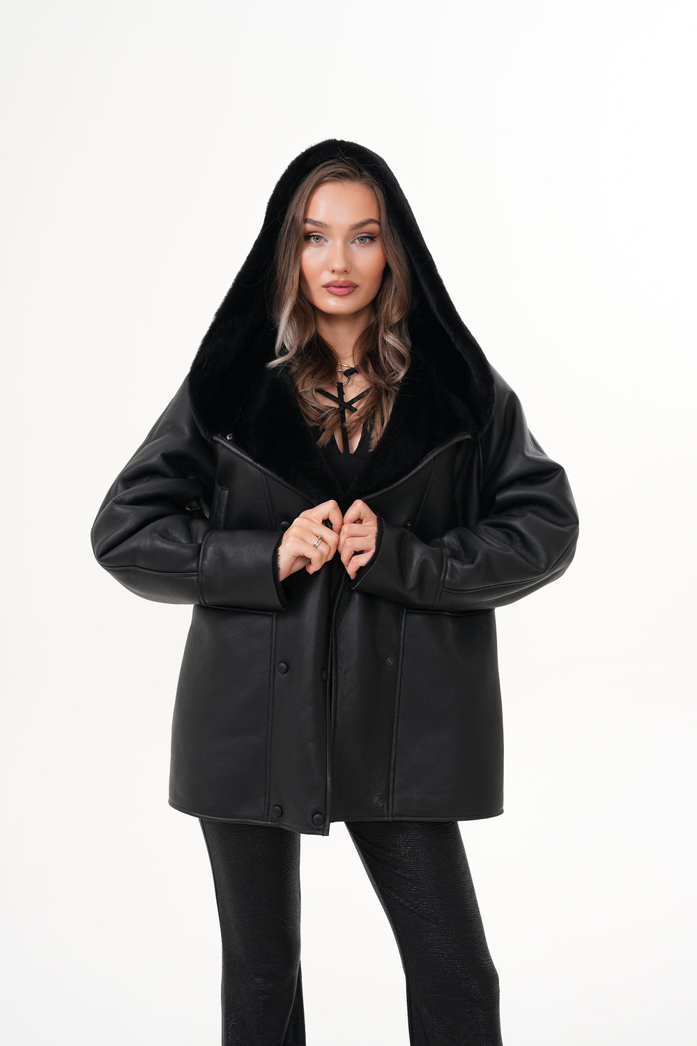 The Denali Hooded Black Shearling Leather Jacket - Vinci Leather