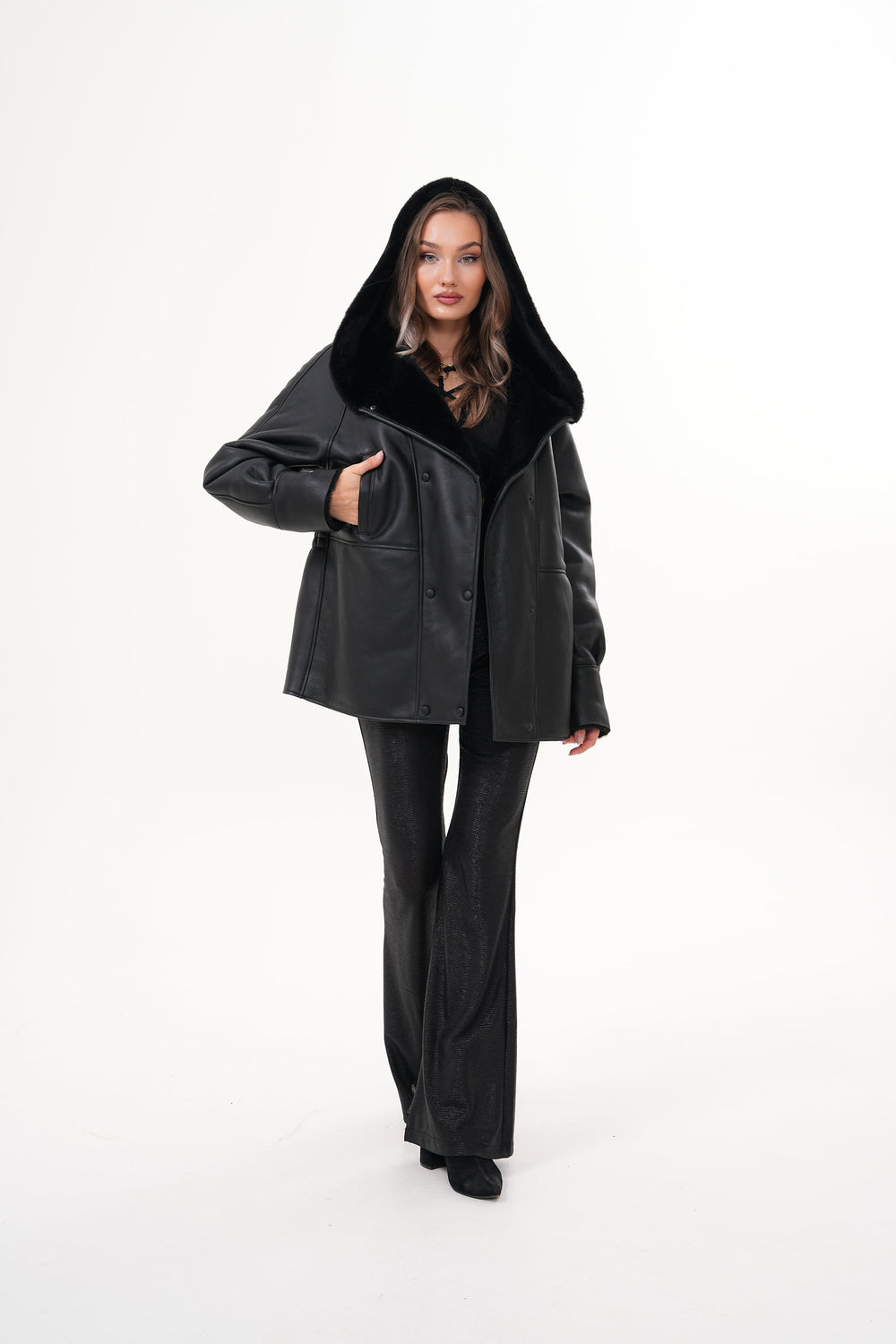 The Denali Hooded Black Shearling Leather Jacket - Vinci Leather
