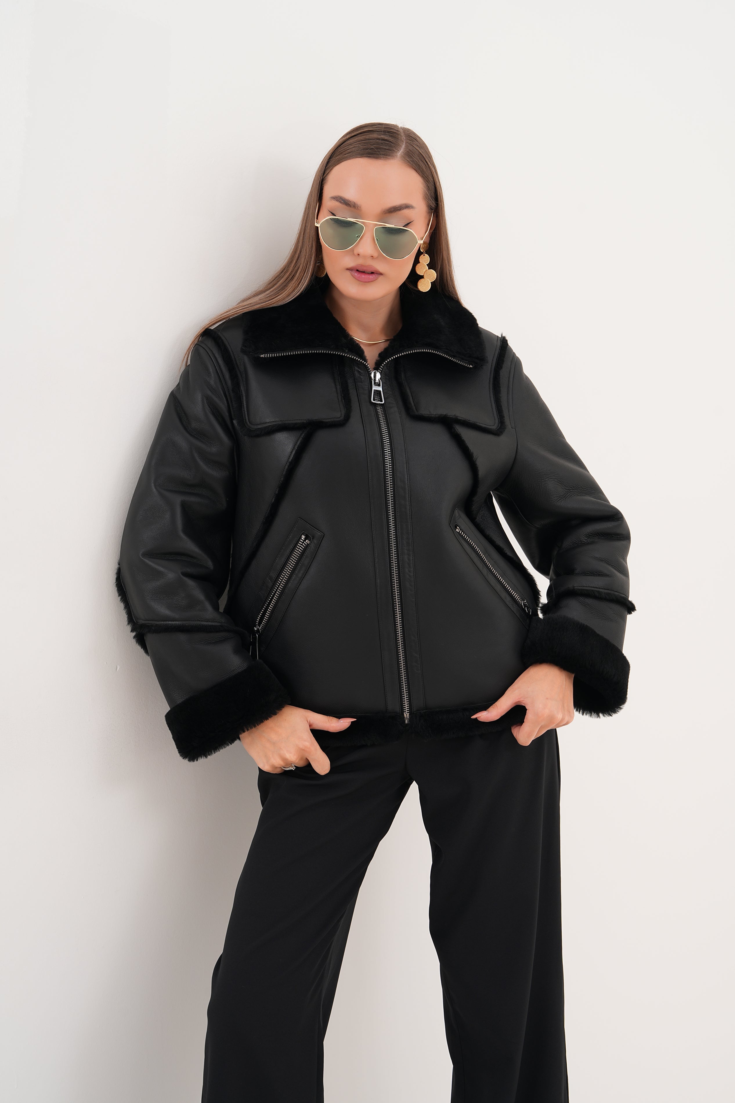 The Denali Black Shearling Leather Jacket - Vinci Leather