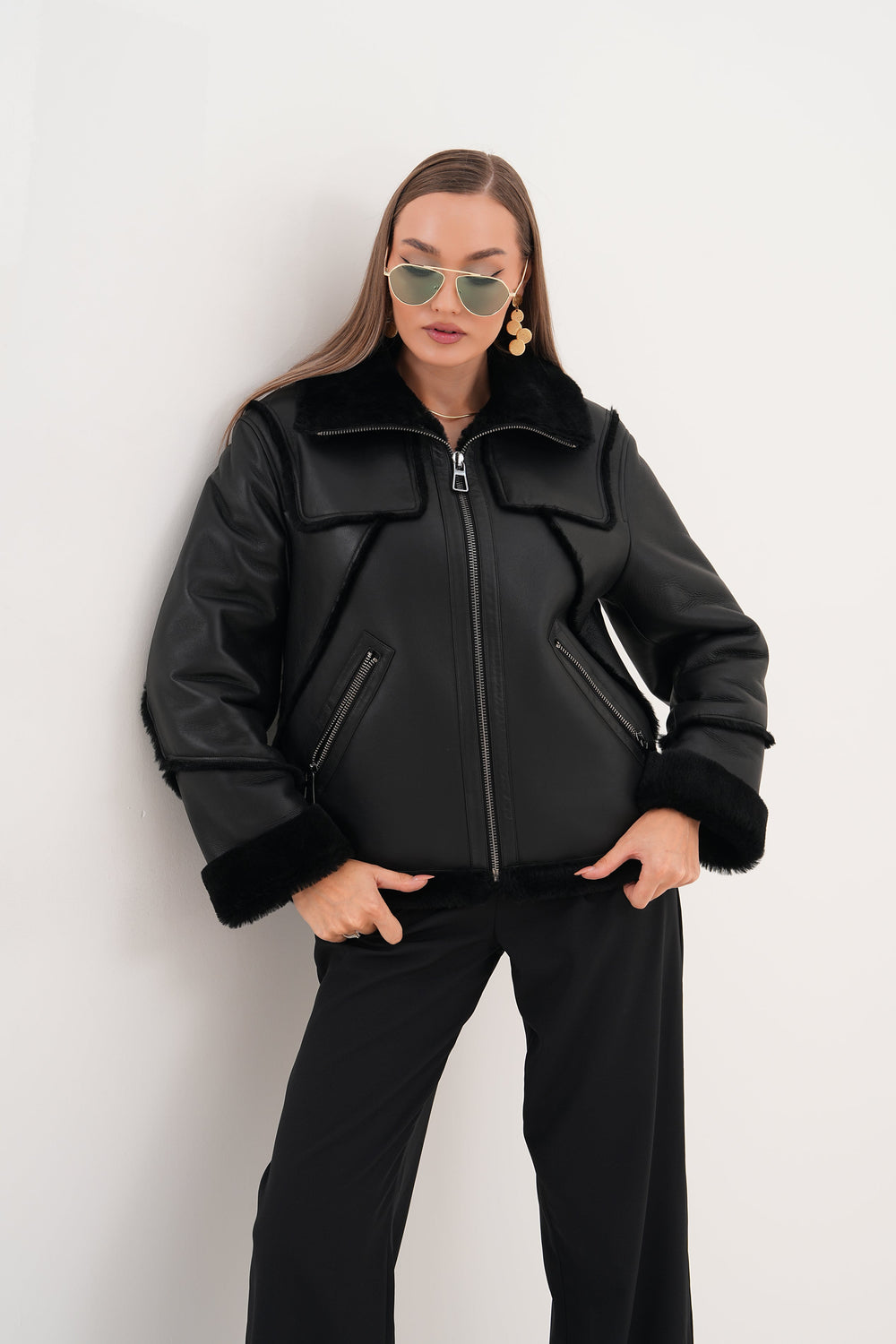The Denali Black Shearling Leather Jacket - Vinci Leather