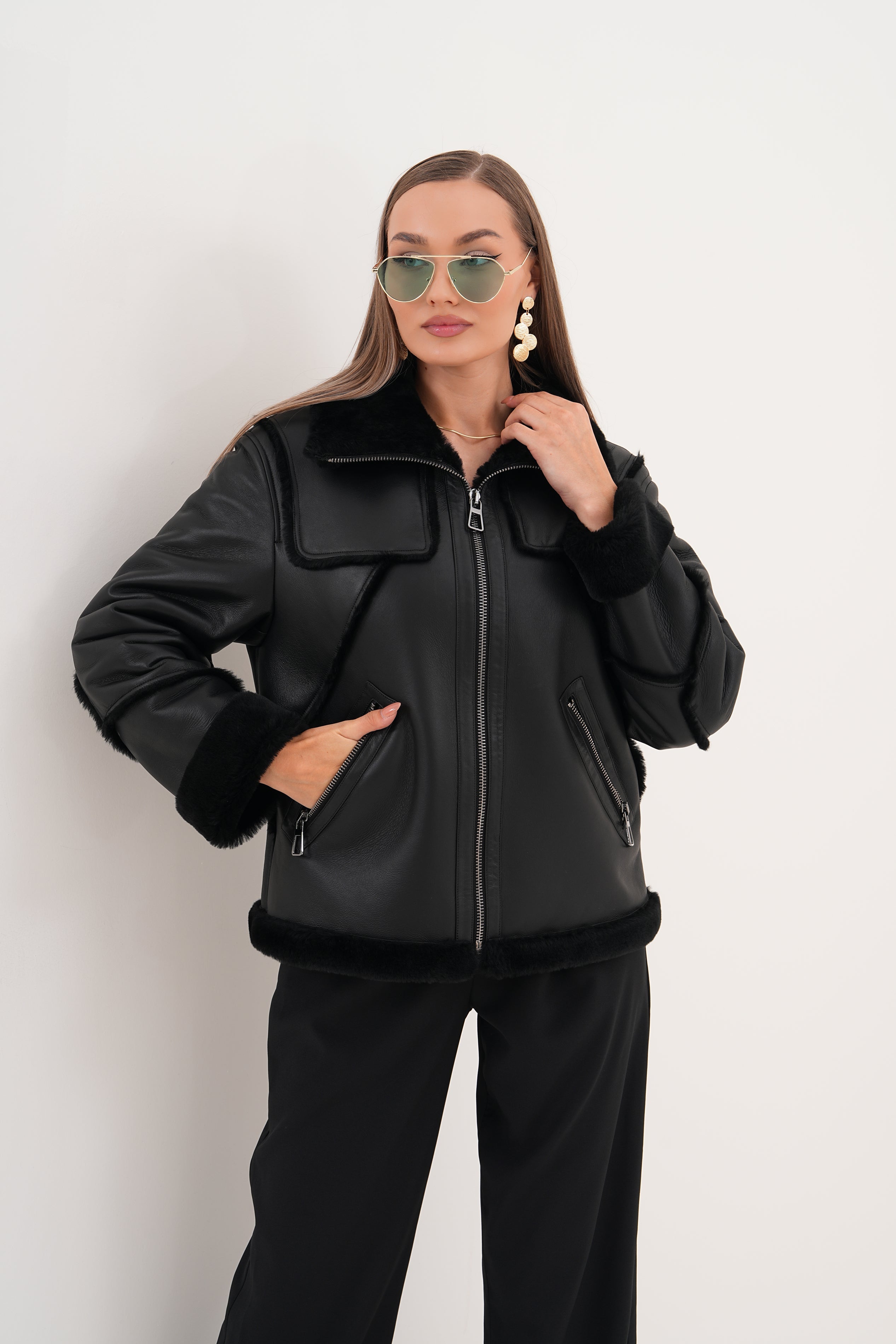 The Denali Black Shearling Leather Jacket - Vinci Leather