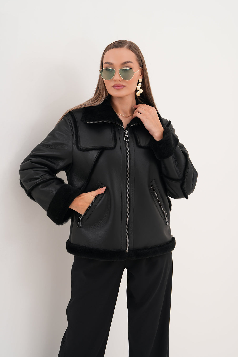 The Denali Black Shearling Leather Jacket - Vinci Leather