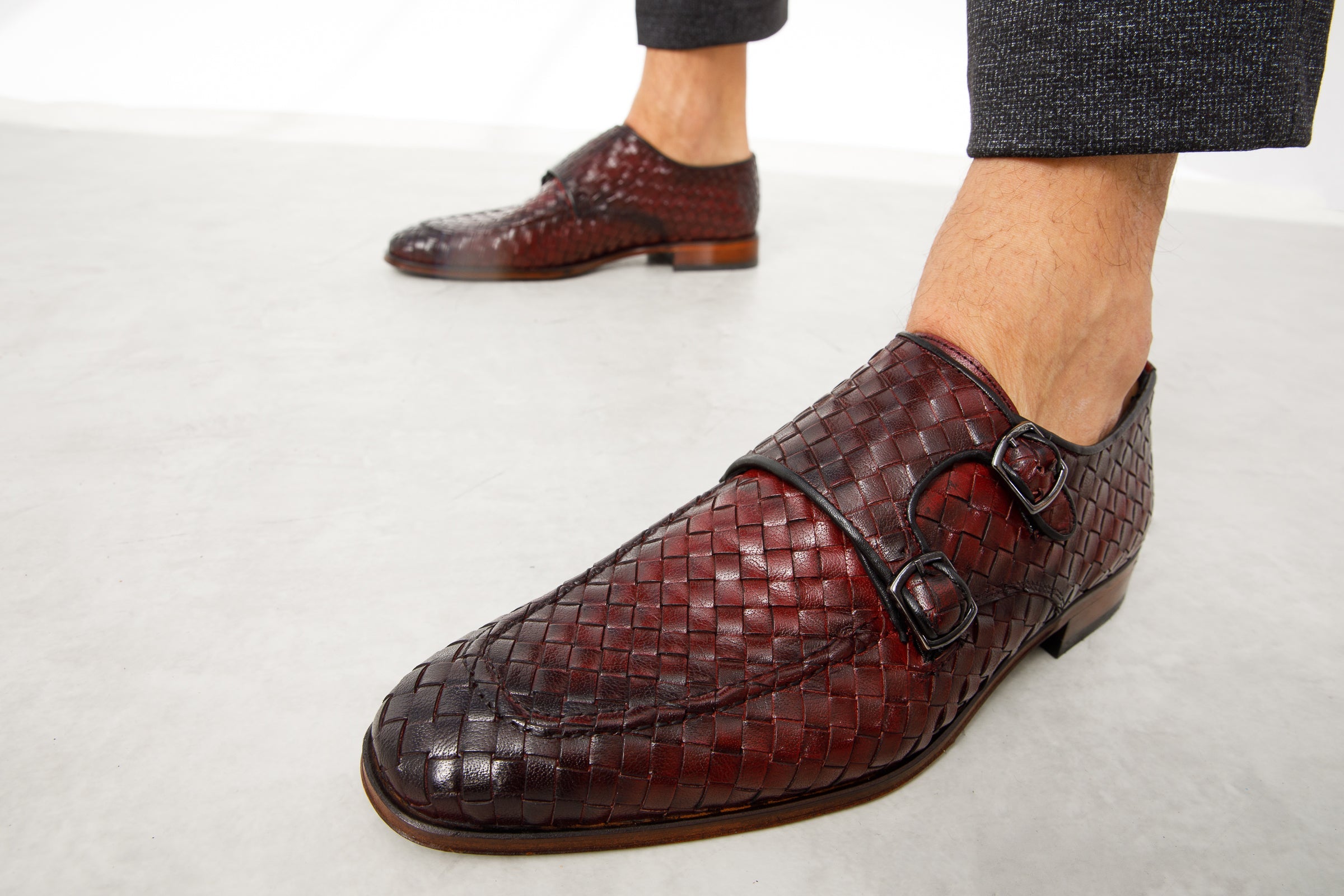 The Turan Burgundy Woven Double Monk Strap Dress  Shoe - Vinci Leather