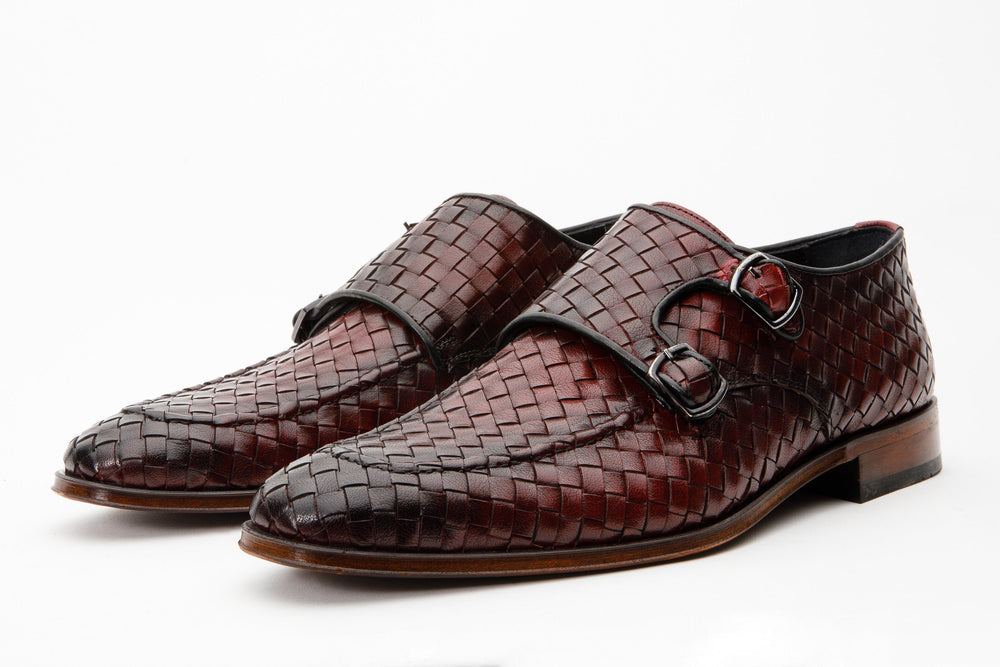 The Turan Burgundy Woven Double Monk Strap Dress  Shoe - Vinci Leather