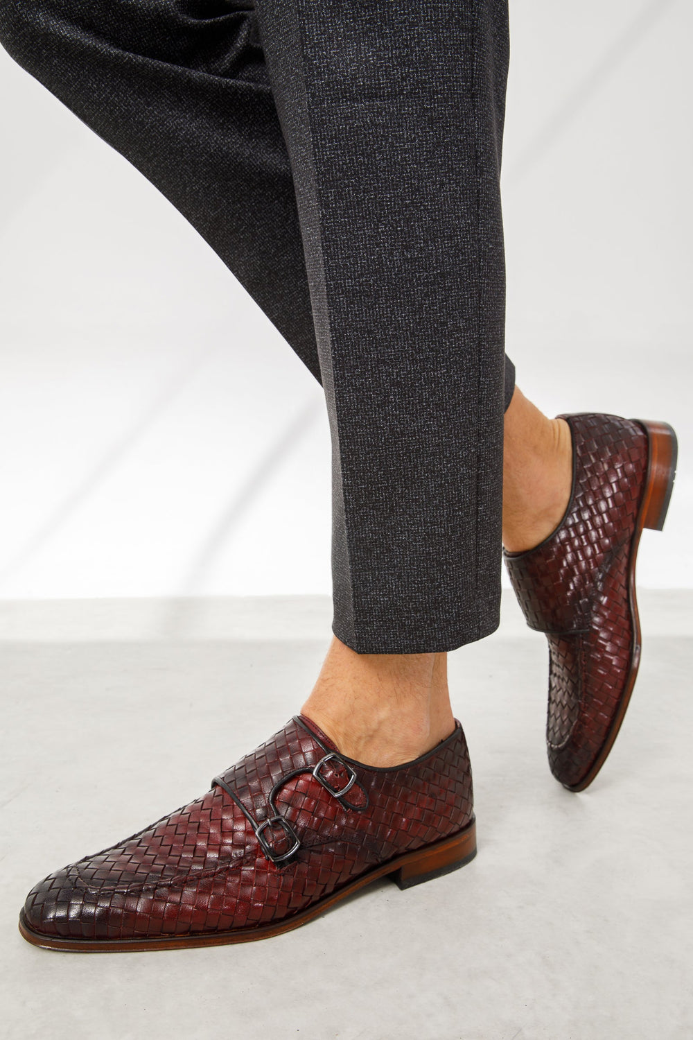 The Turan Burgundy Woven Double Monk Strap Dress  Shoe - Vinci Leather